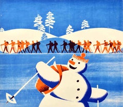 Original Vintage Soviet Poster Go Skiing Winter Sport Travel USSR Snowman Design