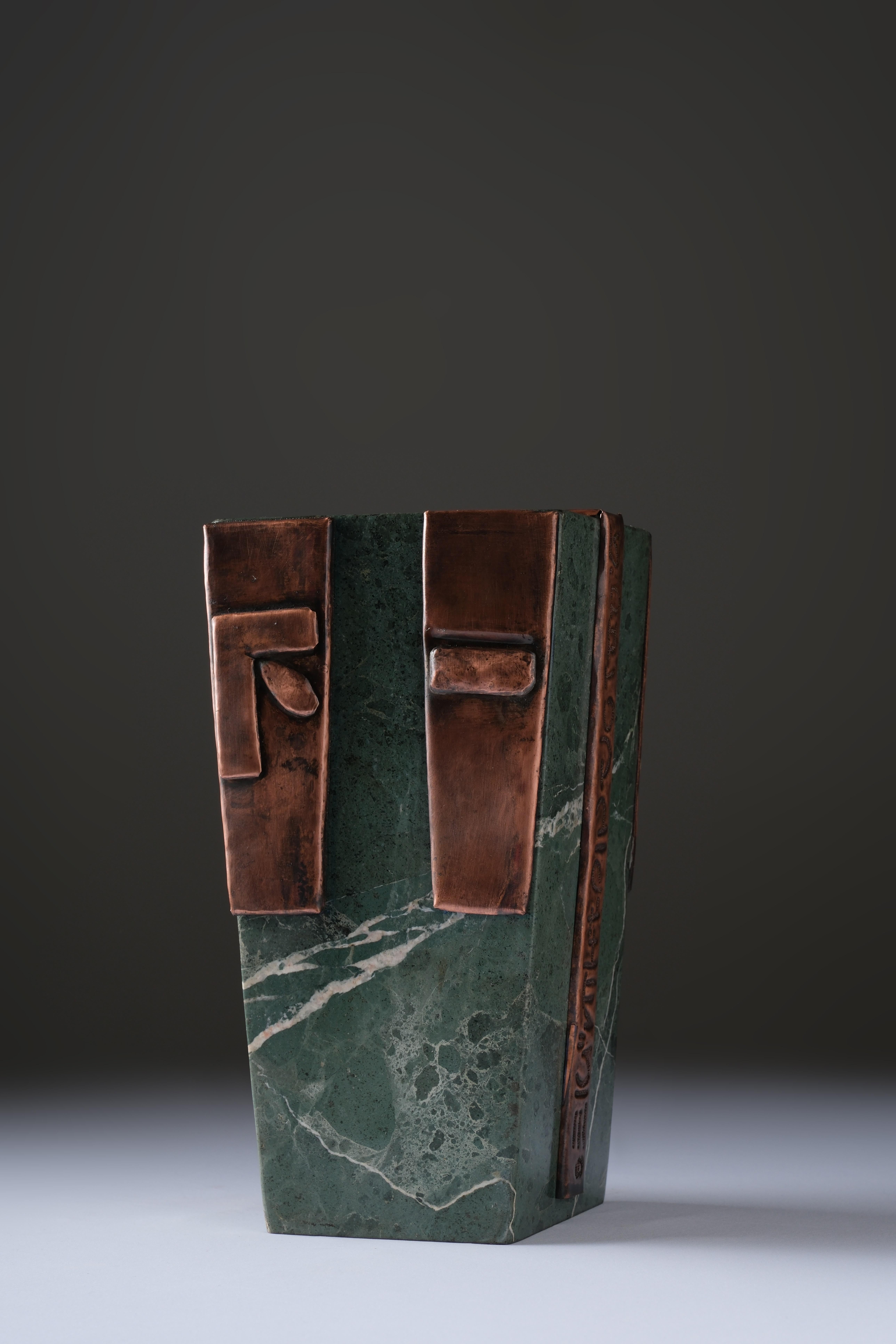 Solstice Symbol Sculpture by Ayse Zelal Tugrul
One of a Kind
Dimensions: D 12 x W 14 x H 30 cm.
Materials: Marble, copper.

“Solstice” refers to the time of year when the sun reaches its highest or lowest point in the sky, symbolizing cyclical