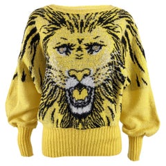 Solyne of Paris Vintage 80s Yellow & Gold Mohair Lion Face Intarsia Knit Sweater