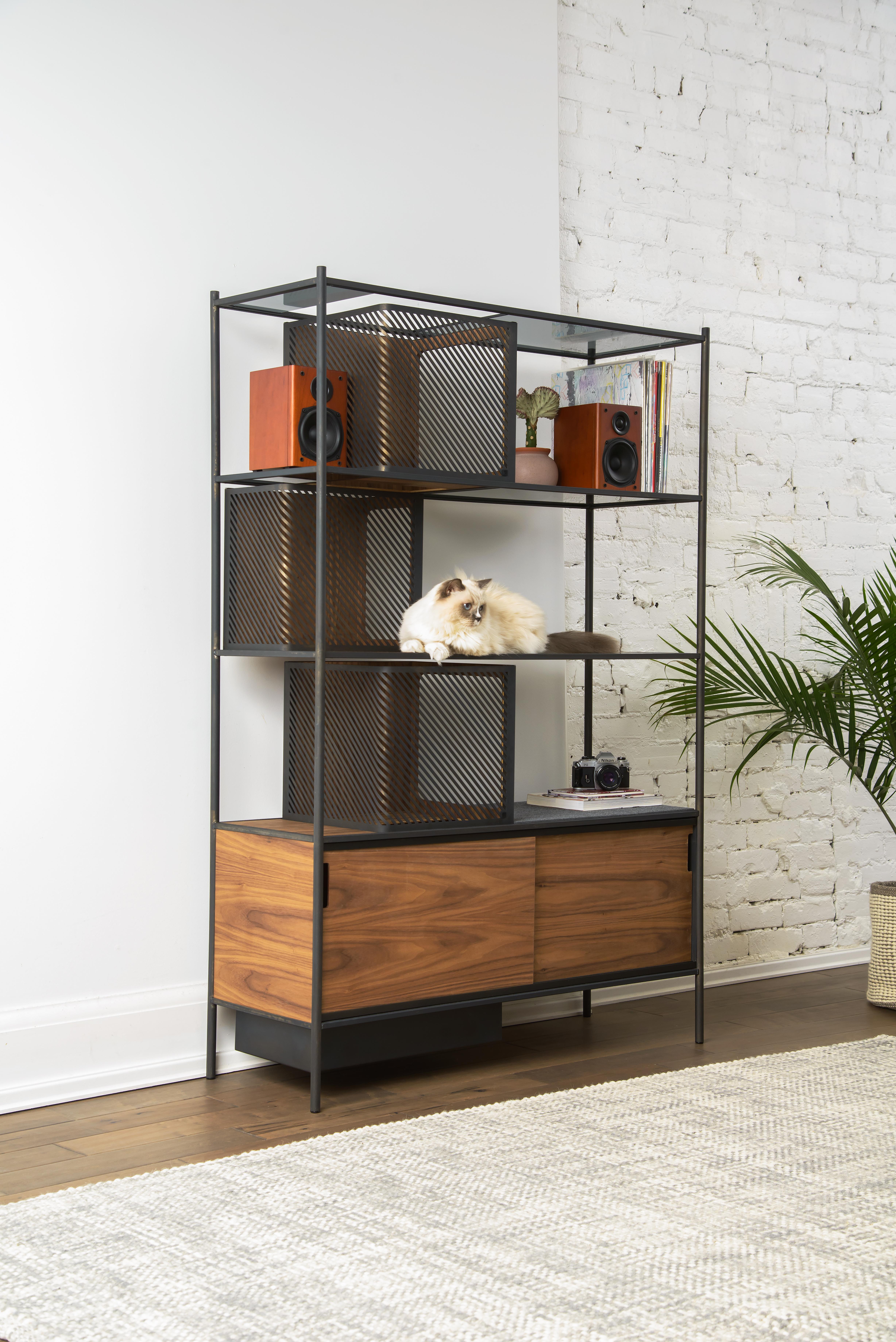Oiled Soma Shelf with Grey-Tinted Glass, Lower Storage and Powder Coated Frame For Sale