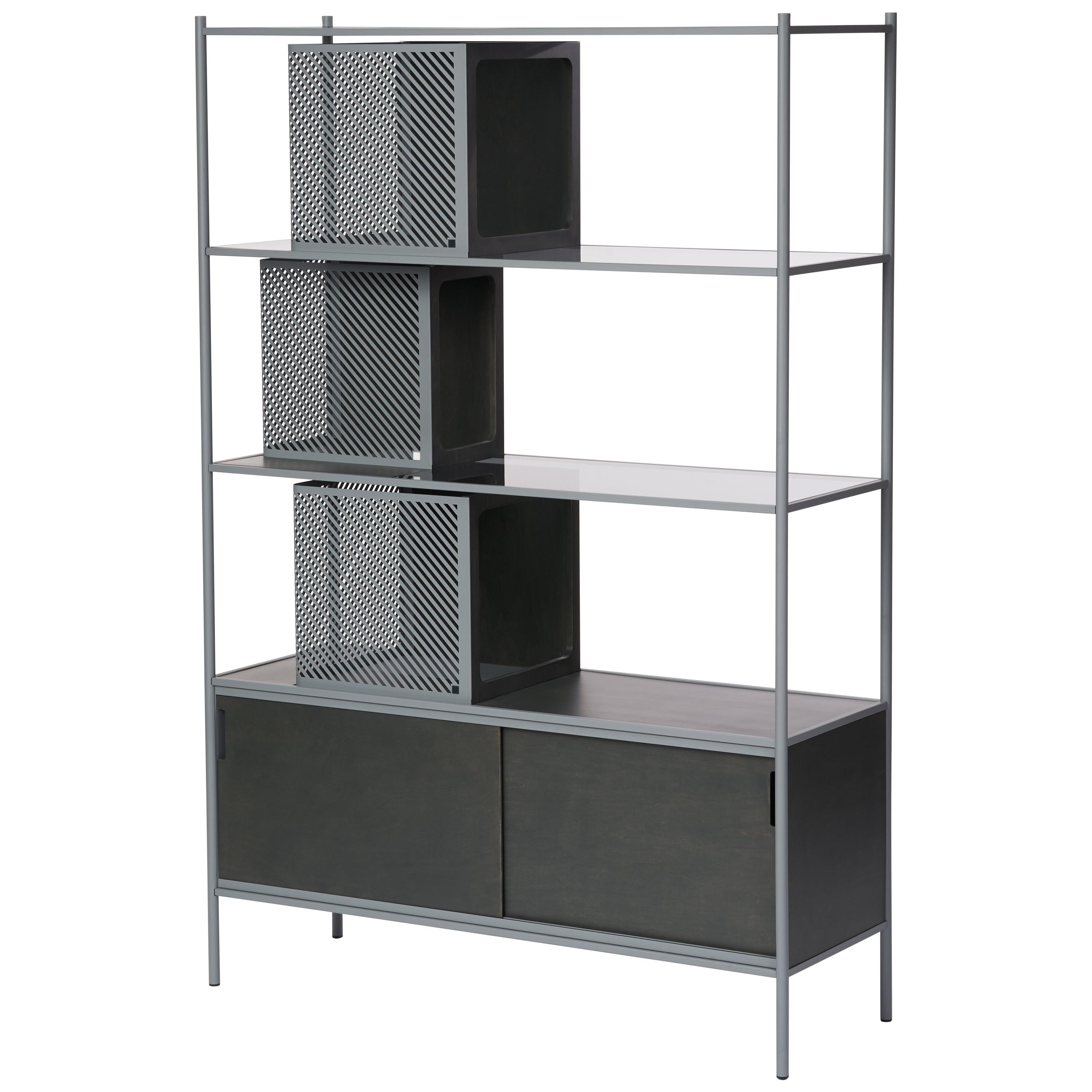 Soma Shelf with Grey-Tinted Glass, Lower Storage and Powder Coated Frame For Sale