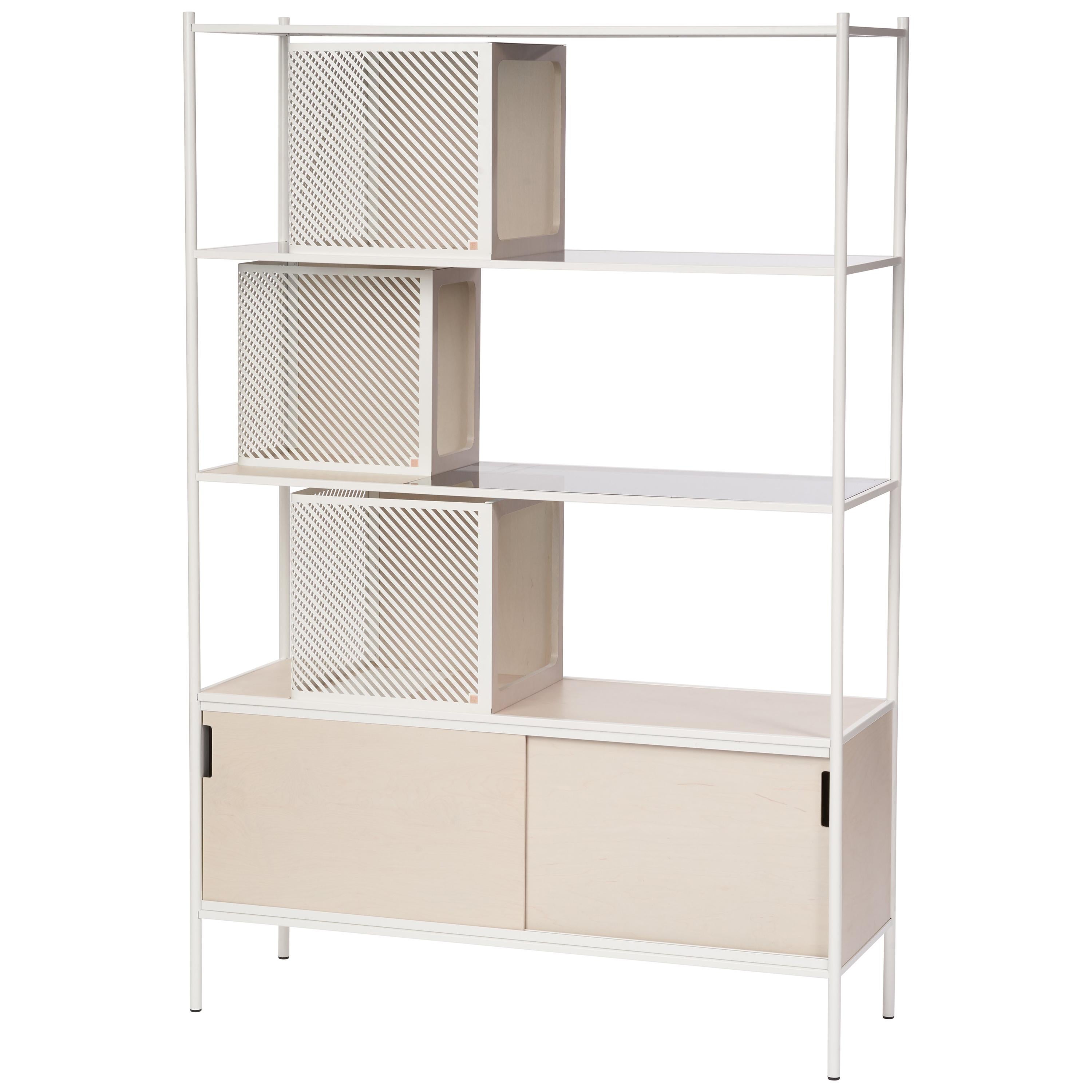 Soma Shelf with Grey-Tinted Glass, Lower Storage and Powder Coated Frame For Sale