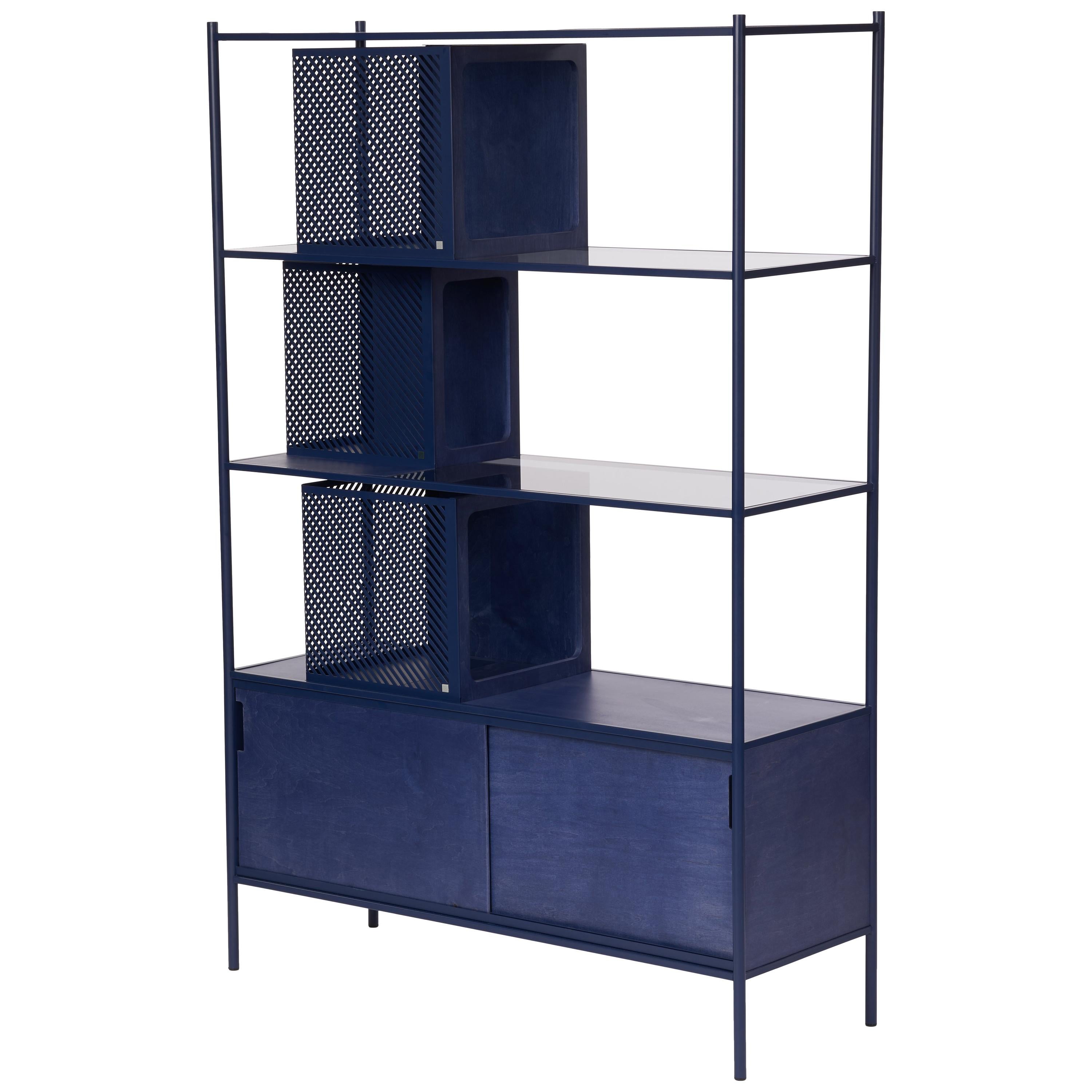 Soma Shelf with Grey-Tinted Glass, Lower Storage and Powder Coated Frame For Sale