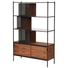 Soma Shelf with Grey-Tinted Glass, Lower Storage and Powder Coated Frame