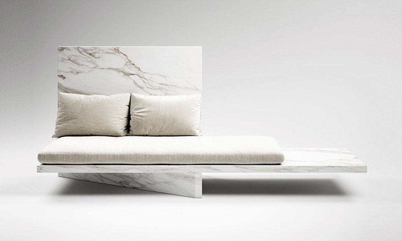 This sofa delicately entwines the worlds of art and design creating a piece where the notions of stability and tension are balanced with the desire to ground a piece within a larger context. Combining the exaggerated cantilever of the seat plane and