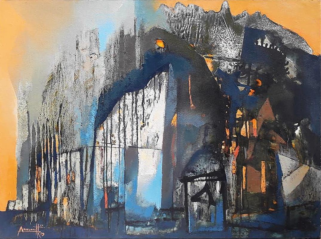 Somenath Maity Abstract Painting - Structure, Acrylic on canvas, Blue, Brown, Yellow, Contemporary Artist"In Stock"