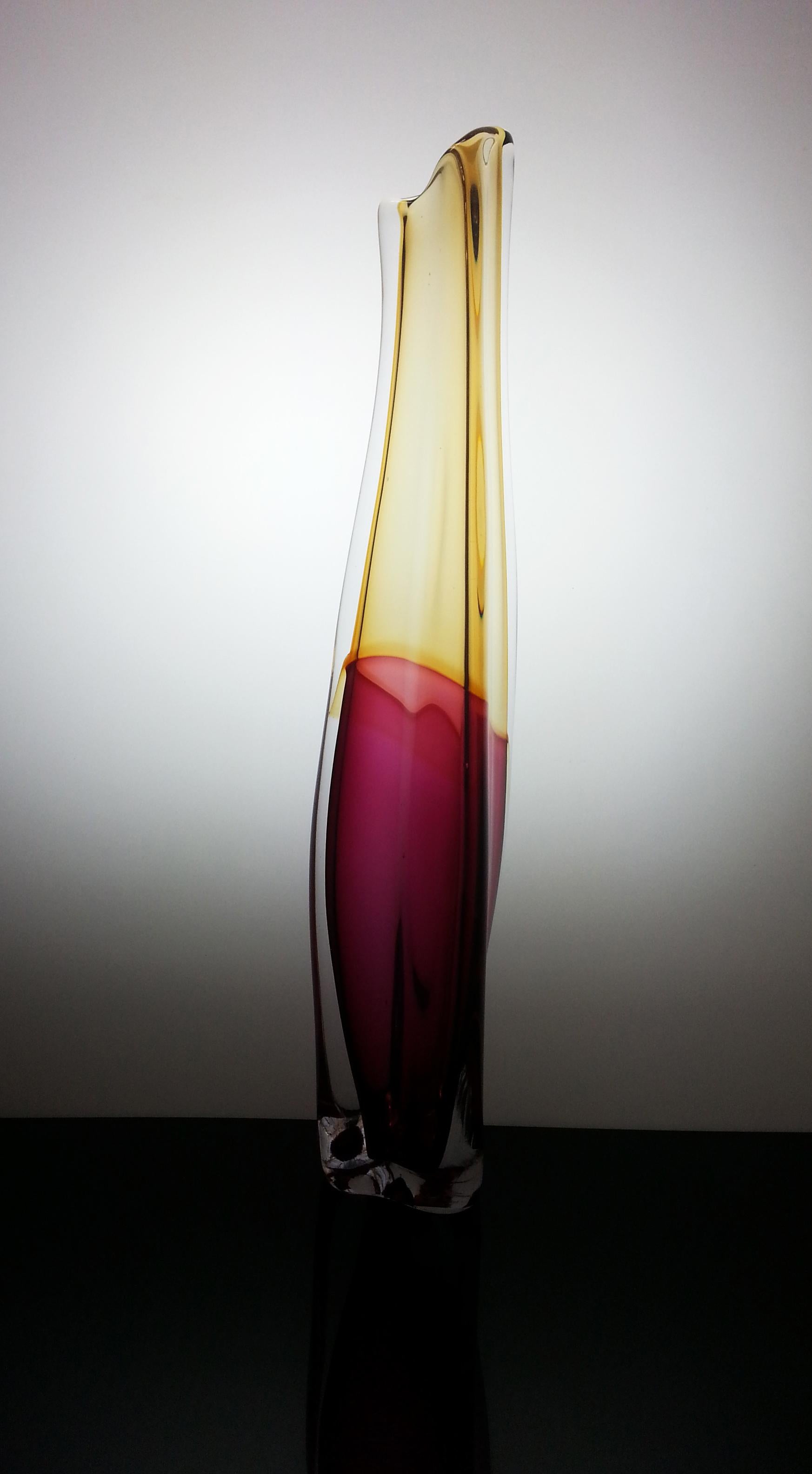Organic Modern Sommercalmo 142, a Sculptural Glass Vase in Clear, Yellow & Pink by Vic Bamforth