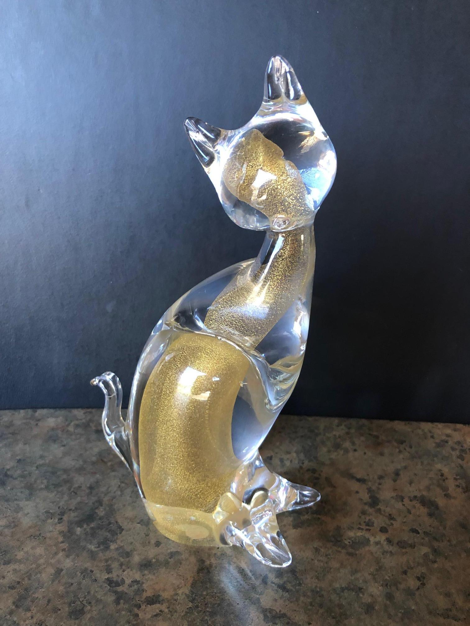 Sommerso Art Glass Cat Sculpture by Murano In Excellent Condition For Sale In San Diego, CA