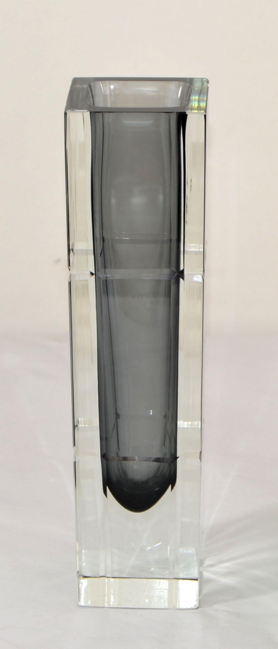 Italian Sommerso Blown Murano Cut Glass Vase Smoked & Clear Glass Alessandro Mandruzzato For Sale