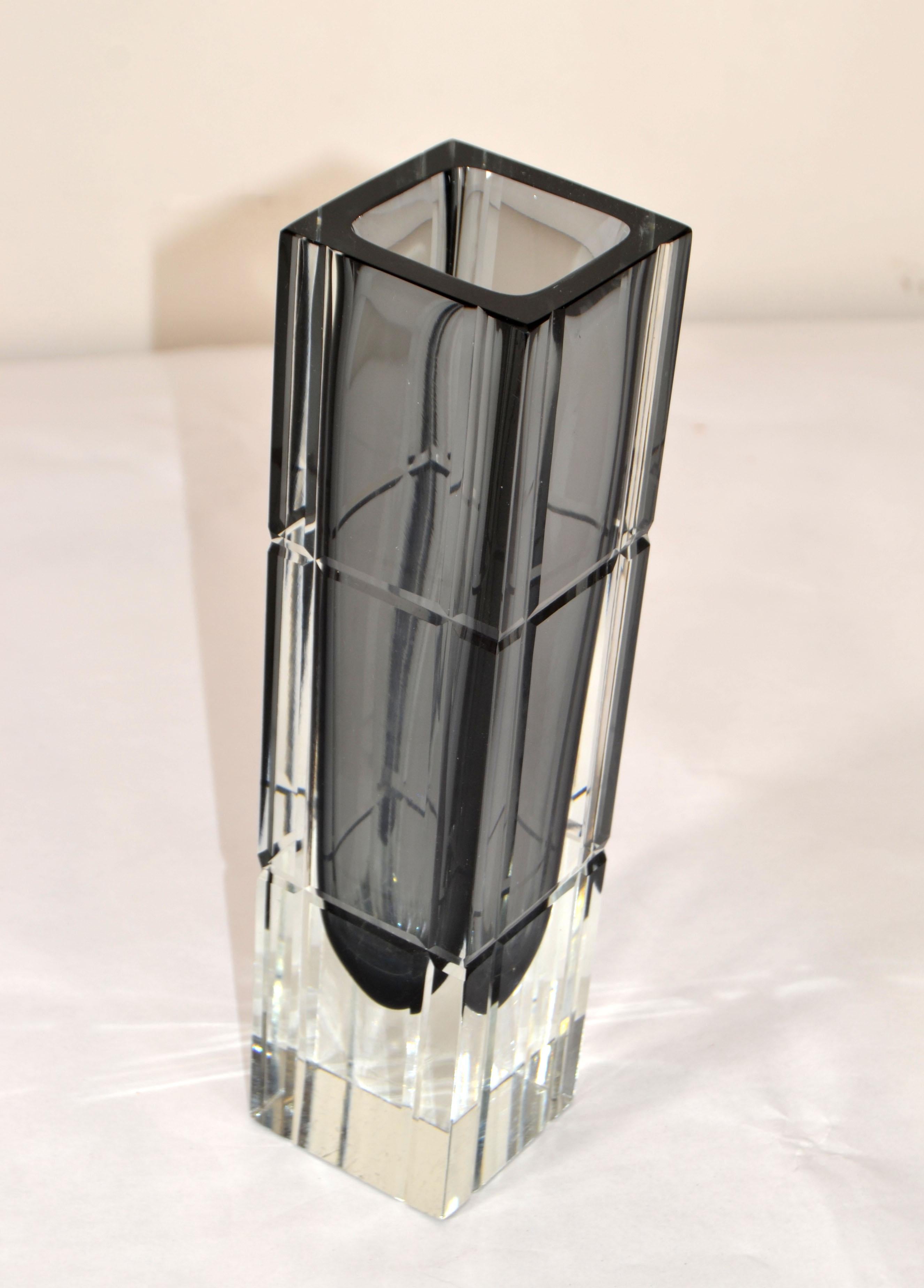 Hand-Carved Sommerso Blown Murano Cut Glass Vase Smoked & Clear Glass Alessandro Mandruzzato For Sale