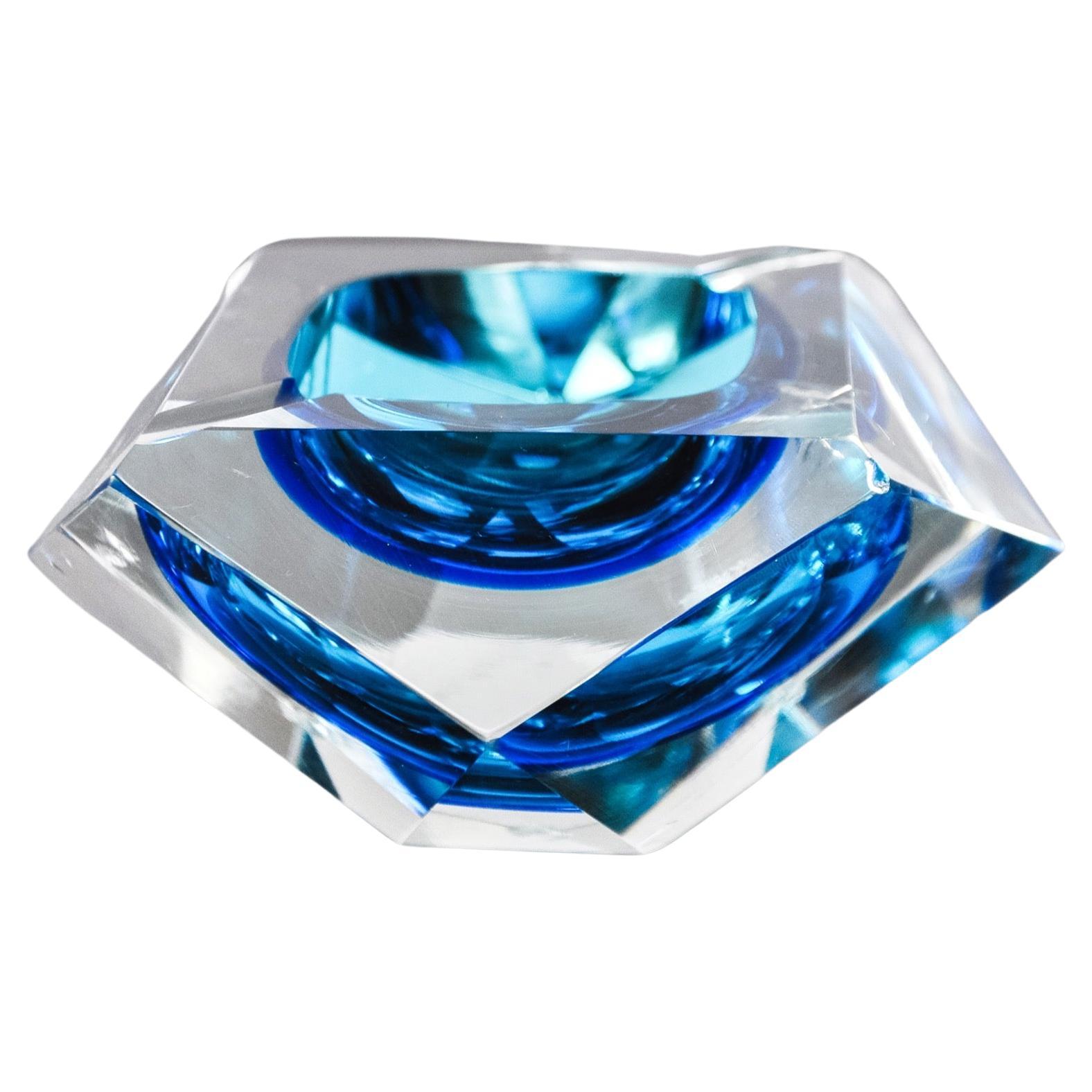 Sommerso blue ashtray by seguso, faceted glass, murano, italy, 1970 For Sale