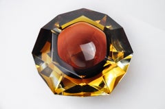 Sommerso brown and yellow ashtray by seguso, faceted glass, murano, italy, 1970