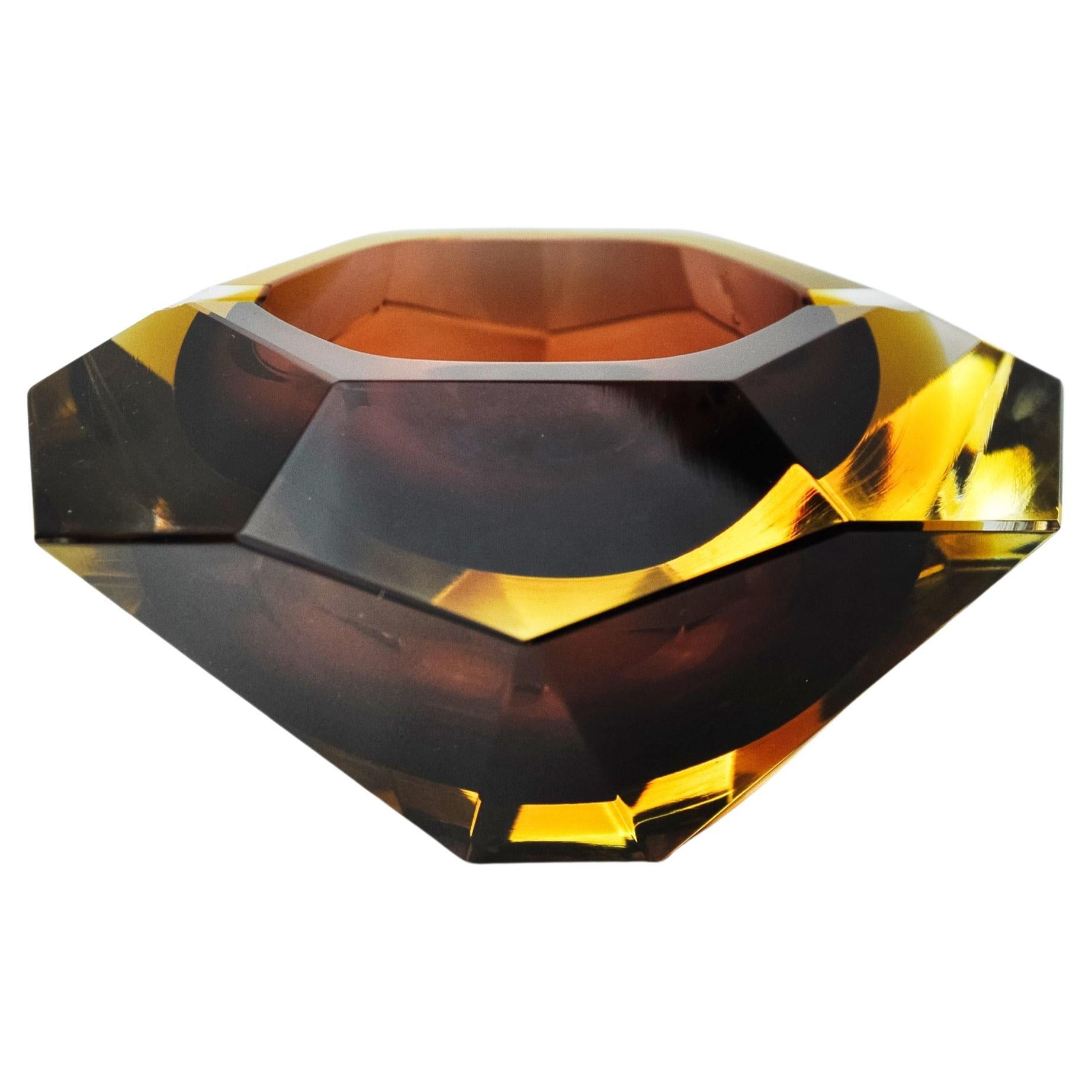 Sommerso brown and yellow ashtray by seguso, faceted glass, murano, italy, 1970 For Sale