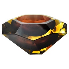Vintage Sommerso brown and yellow ashtray by seguso, faceted glass, murano, italy, 1970