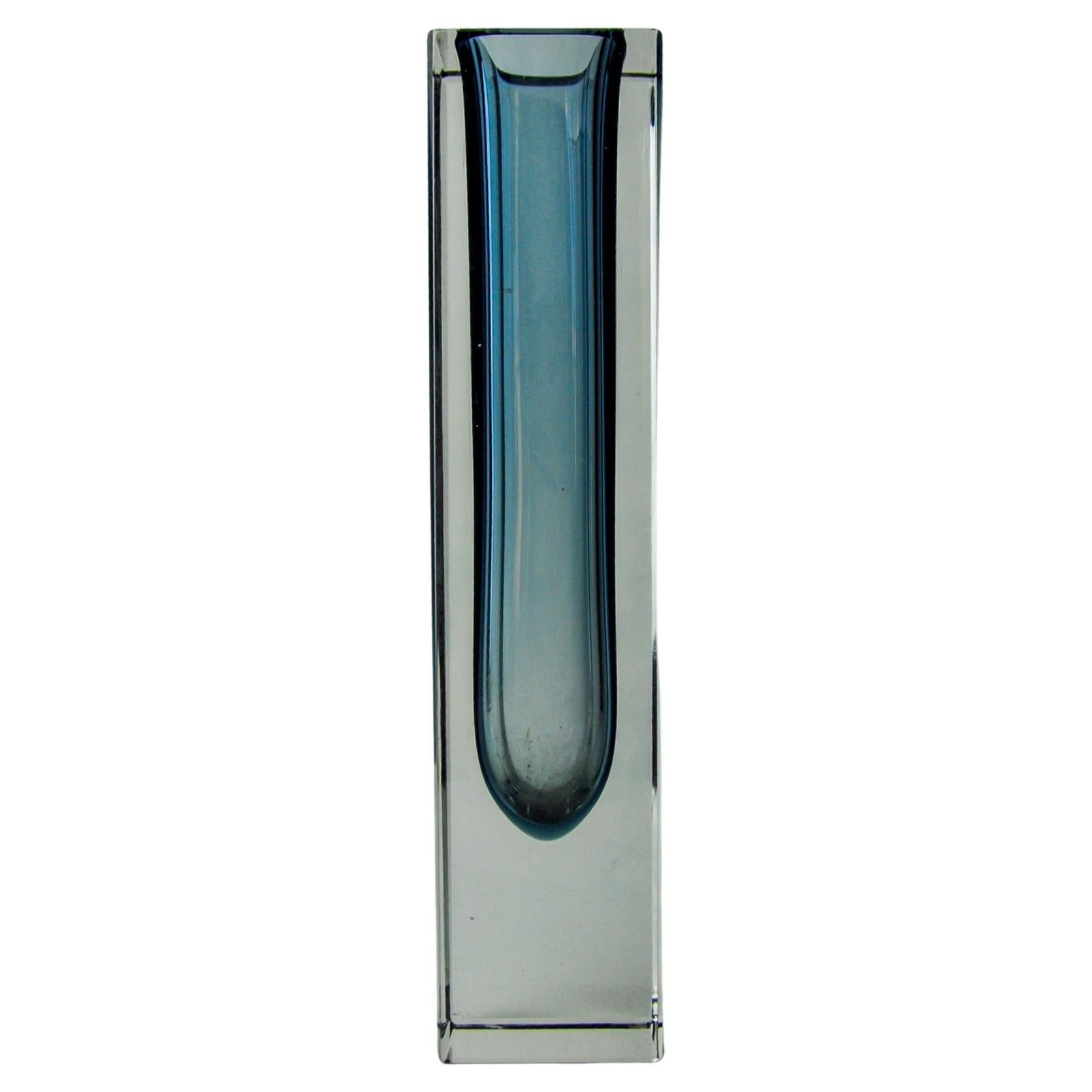 Sommerso cubic blue gray vase by Seguso, Murano, Italy, 1970