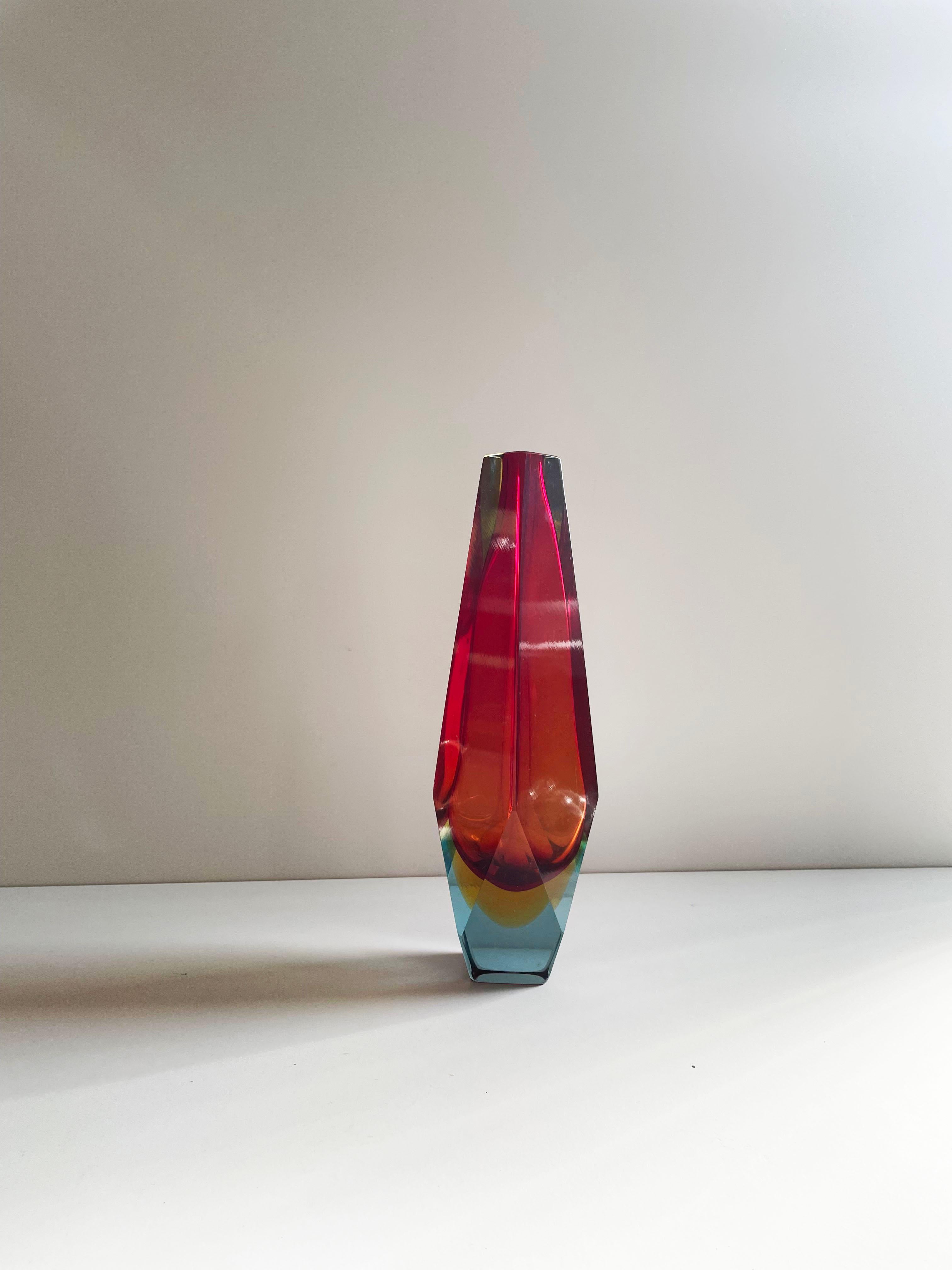 20th Century Sommerso Faceted Murano Glass Vase San MarCo, Alessandro Mandruzzato, Italy 1960 For Sale