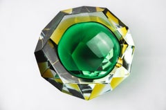 Sommerso green and yellow ashtray by seguso, faceted glass, murano, italy, 1970