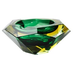 Sommerso green and yellow ashtray by seguso, faceted glass, murano, italy, 1970