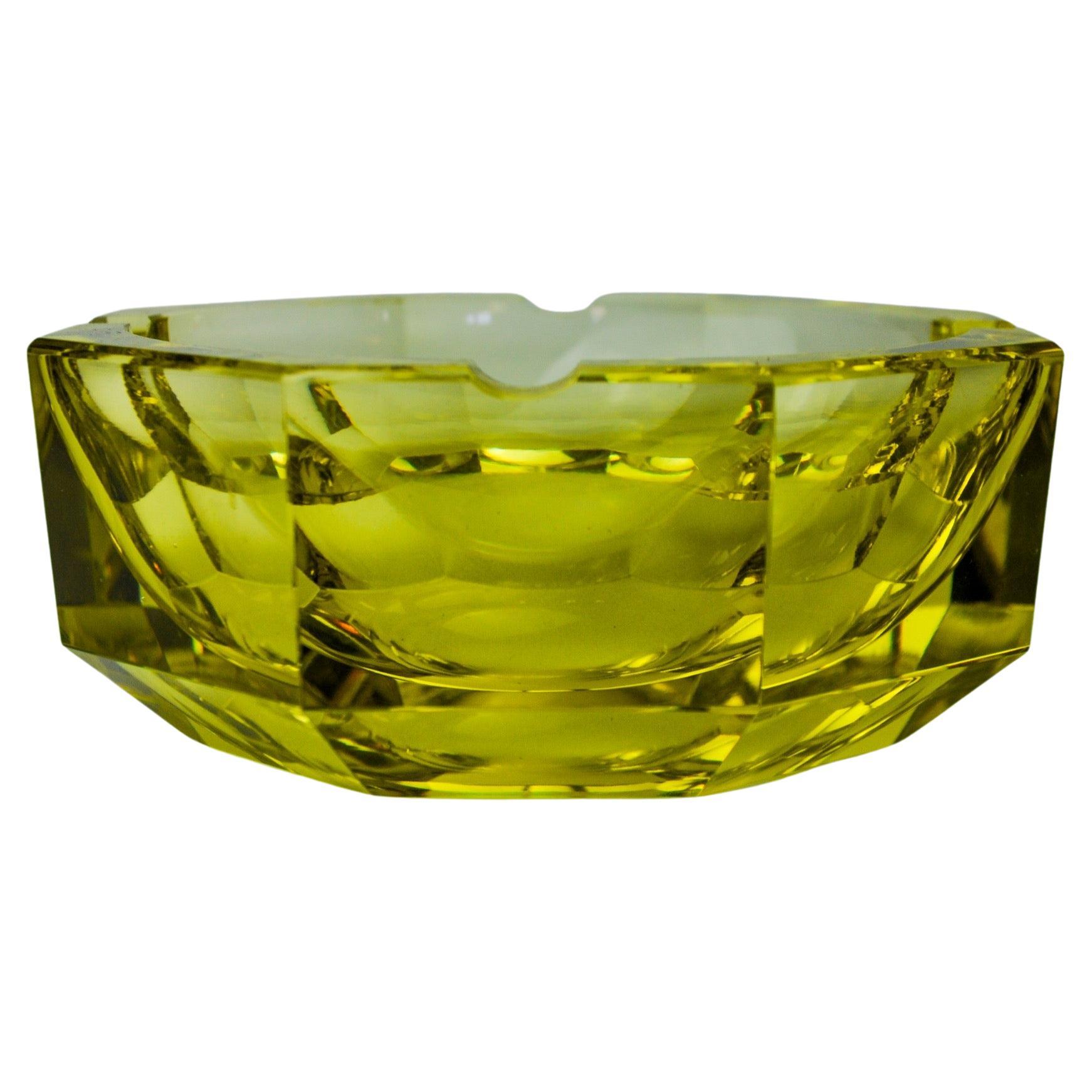 Sommerso green ashtray by seguso, faceted glass, murano, italy, 1970