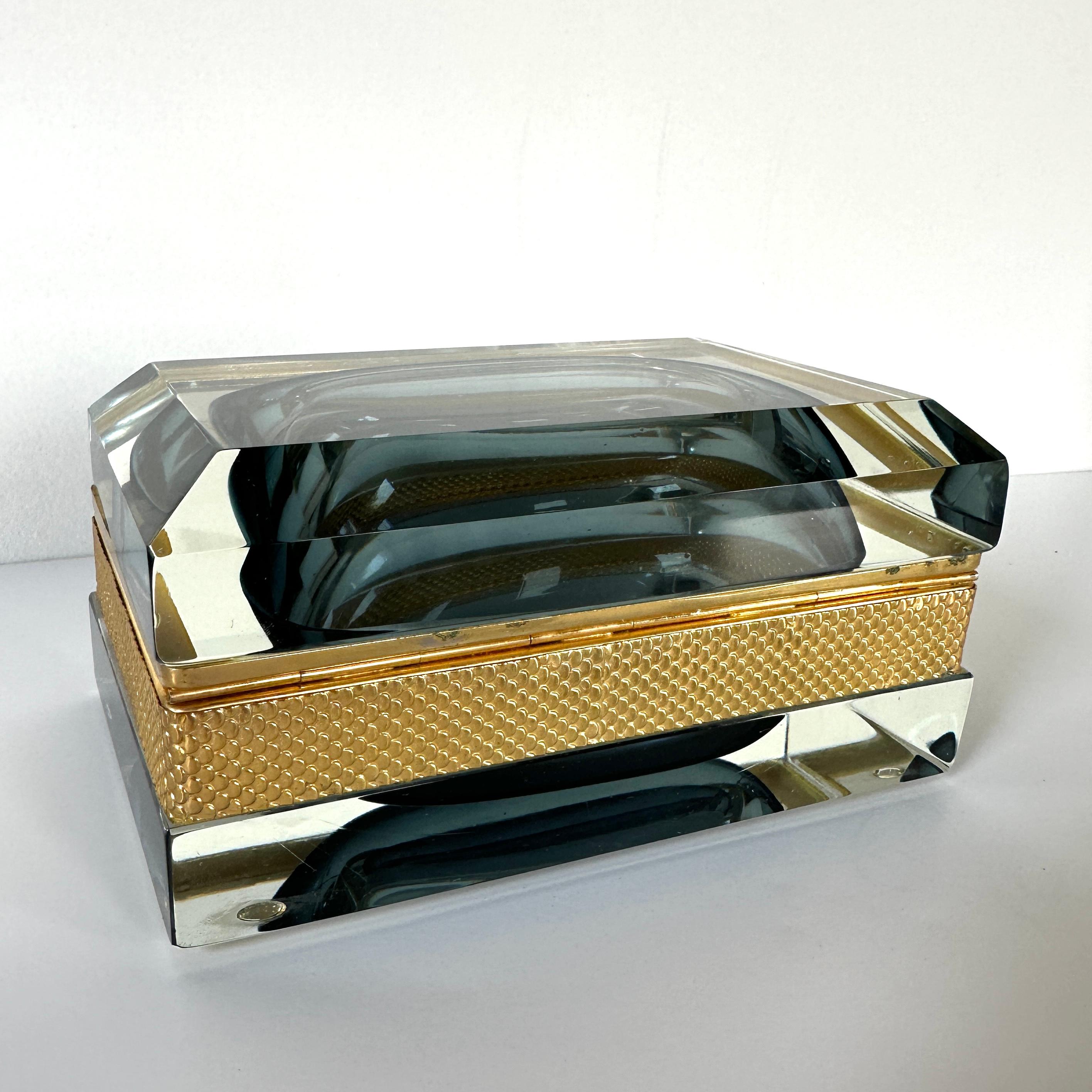 Sommerso Hand Blown Murano Glass Casket Box with Gilt Banding 2