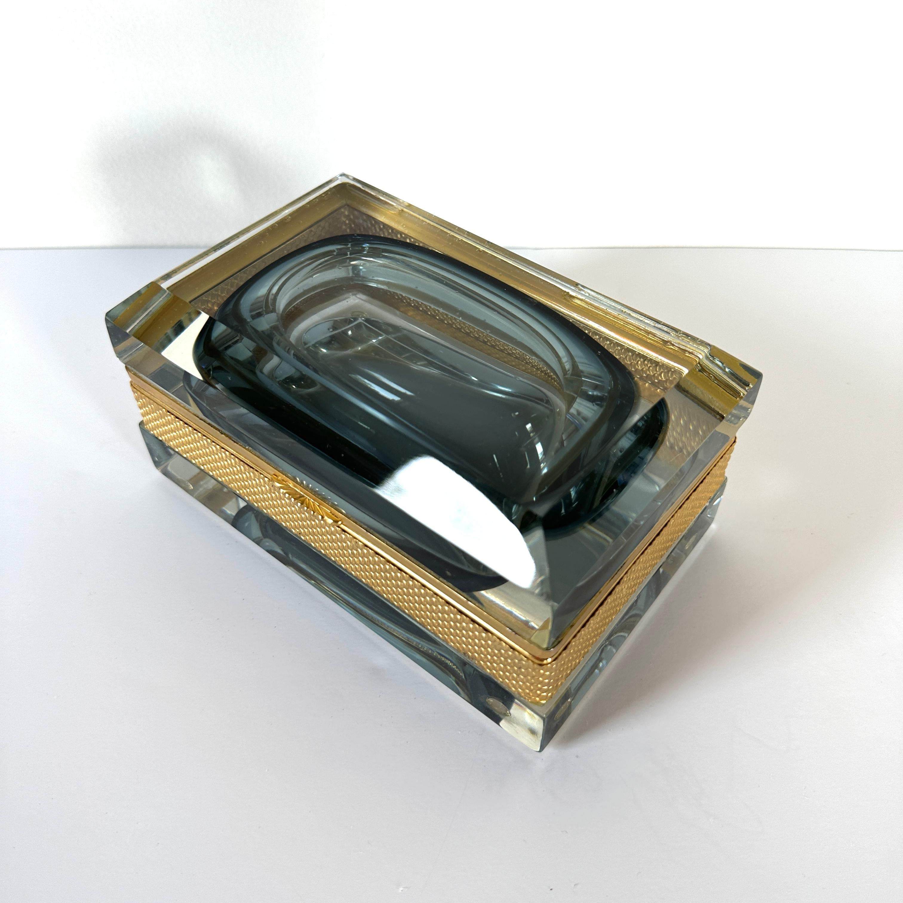 Sommerso Hand Blown Murano Glass Casket Box with Gilt Banding 1