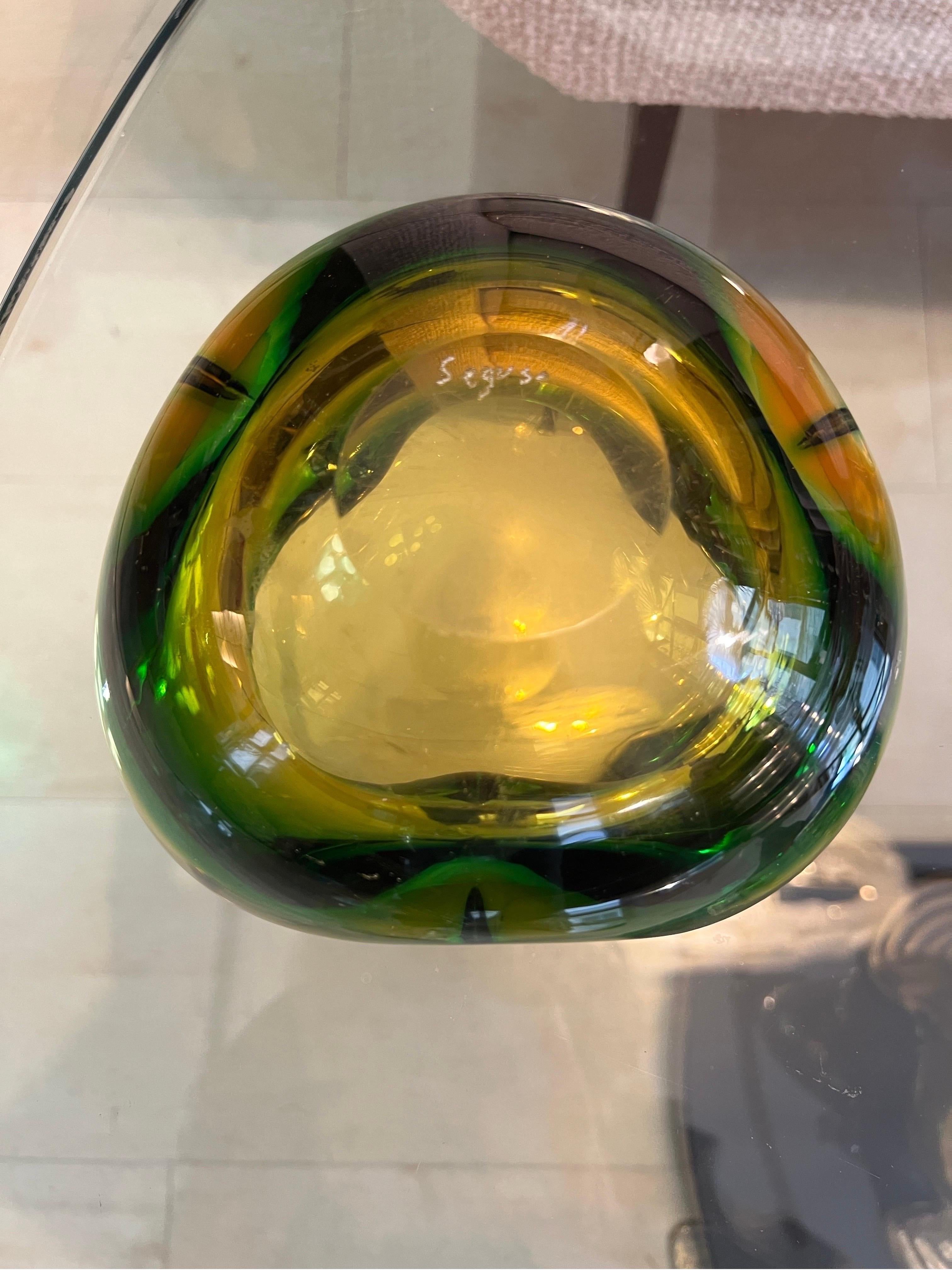Fin du 20e siècle Cendrier de Murano dans les tons ambrés et verts de Seguso, 1970 en vente