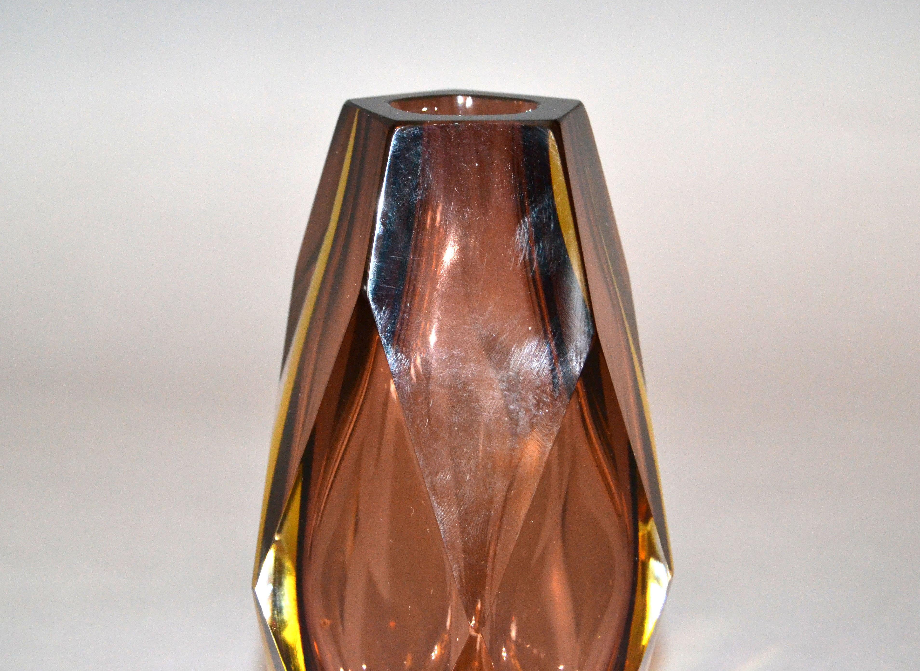 Mid-20th Century Sommerso Murano Glass Faceted Vase in Burgundy by Alessandro Mandruzzato