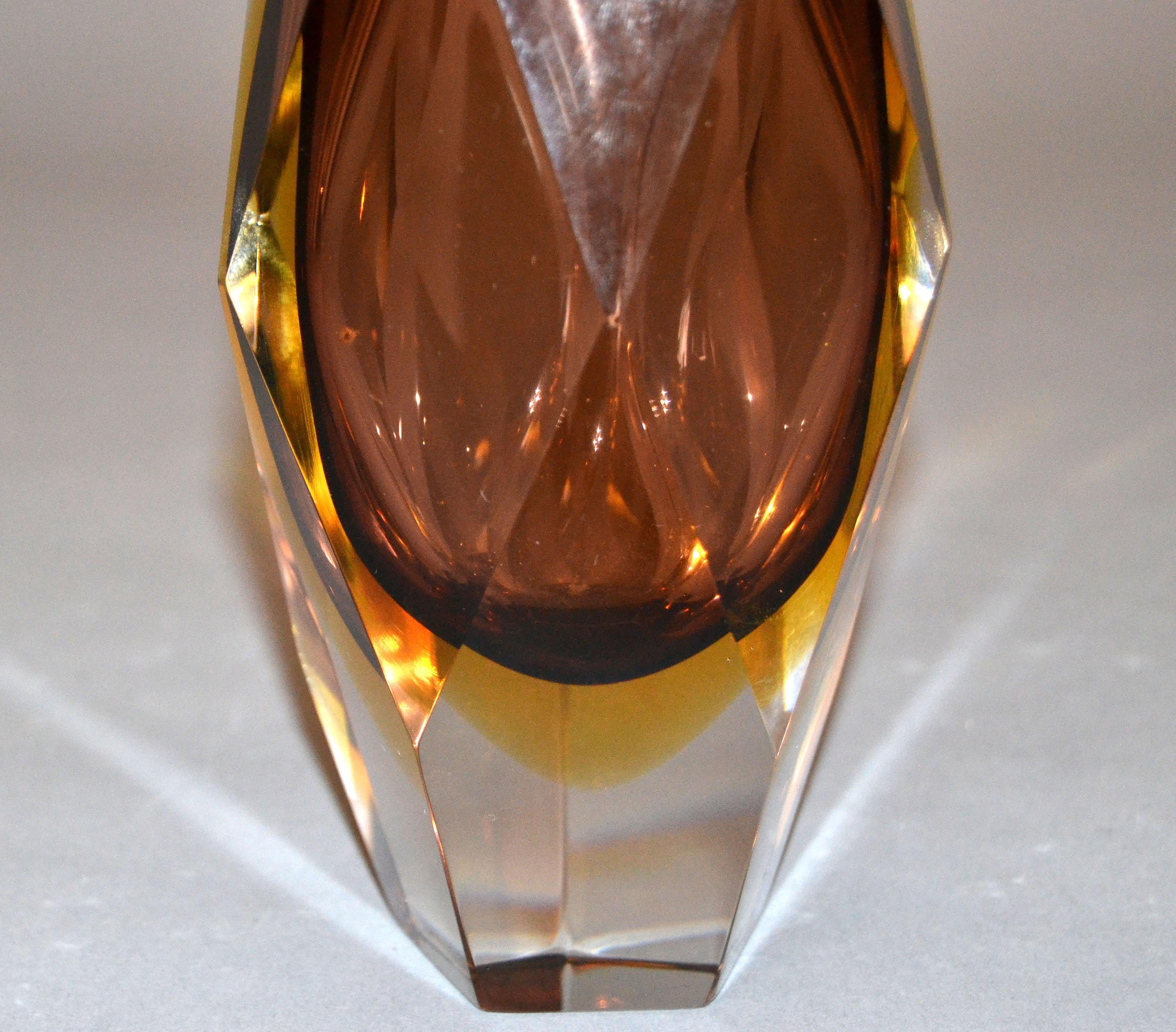Art Glass Sommerso Murano Glass Faceted Vase in Burgundy by Alessandro Mandruzzato