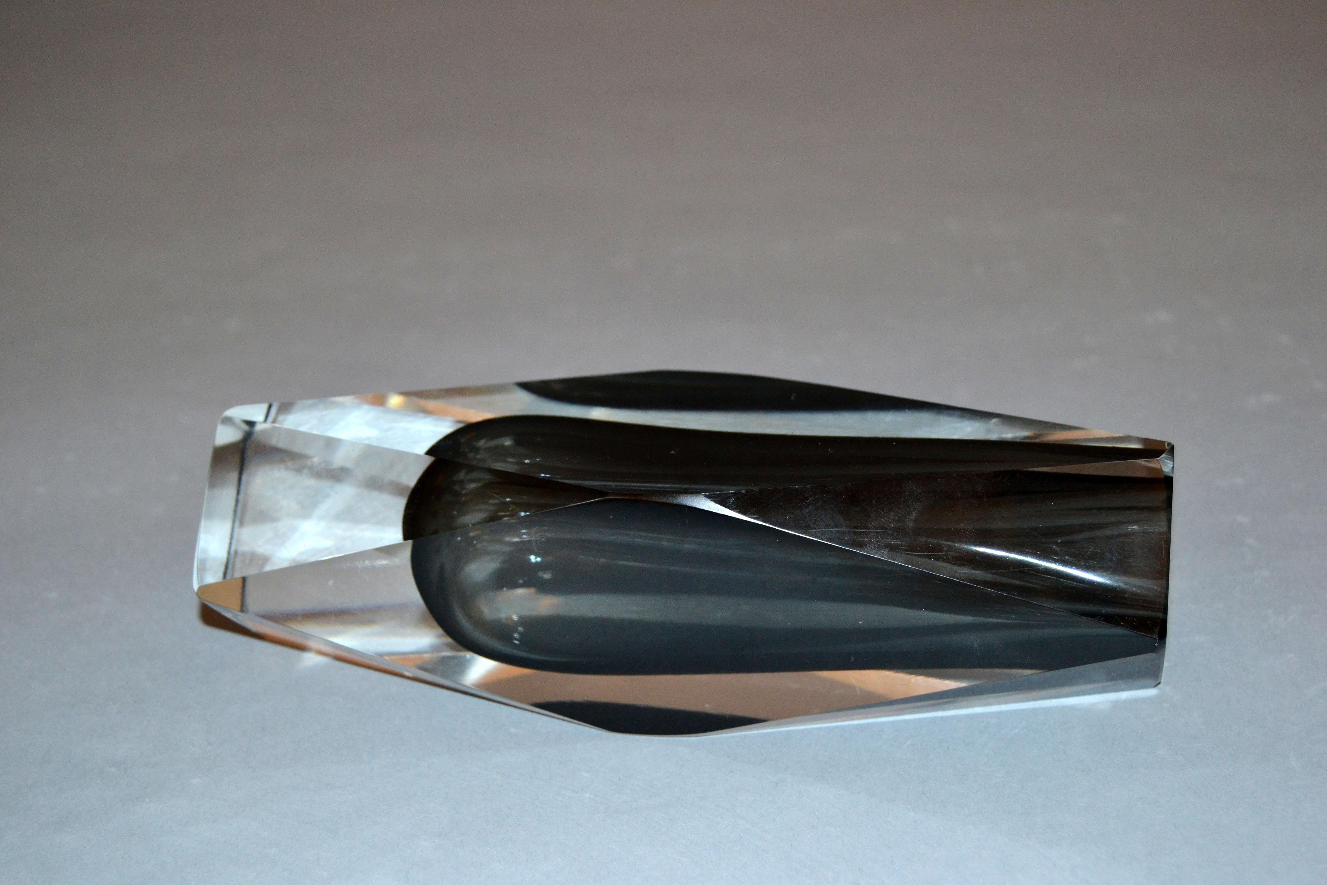 Mid-Century Modern Sommerso Murano Glass Faceted Vase Smoked & Clear Glass Alessandro Mandruzzato
