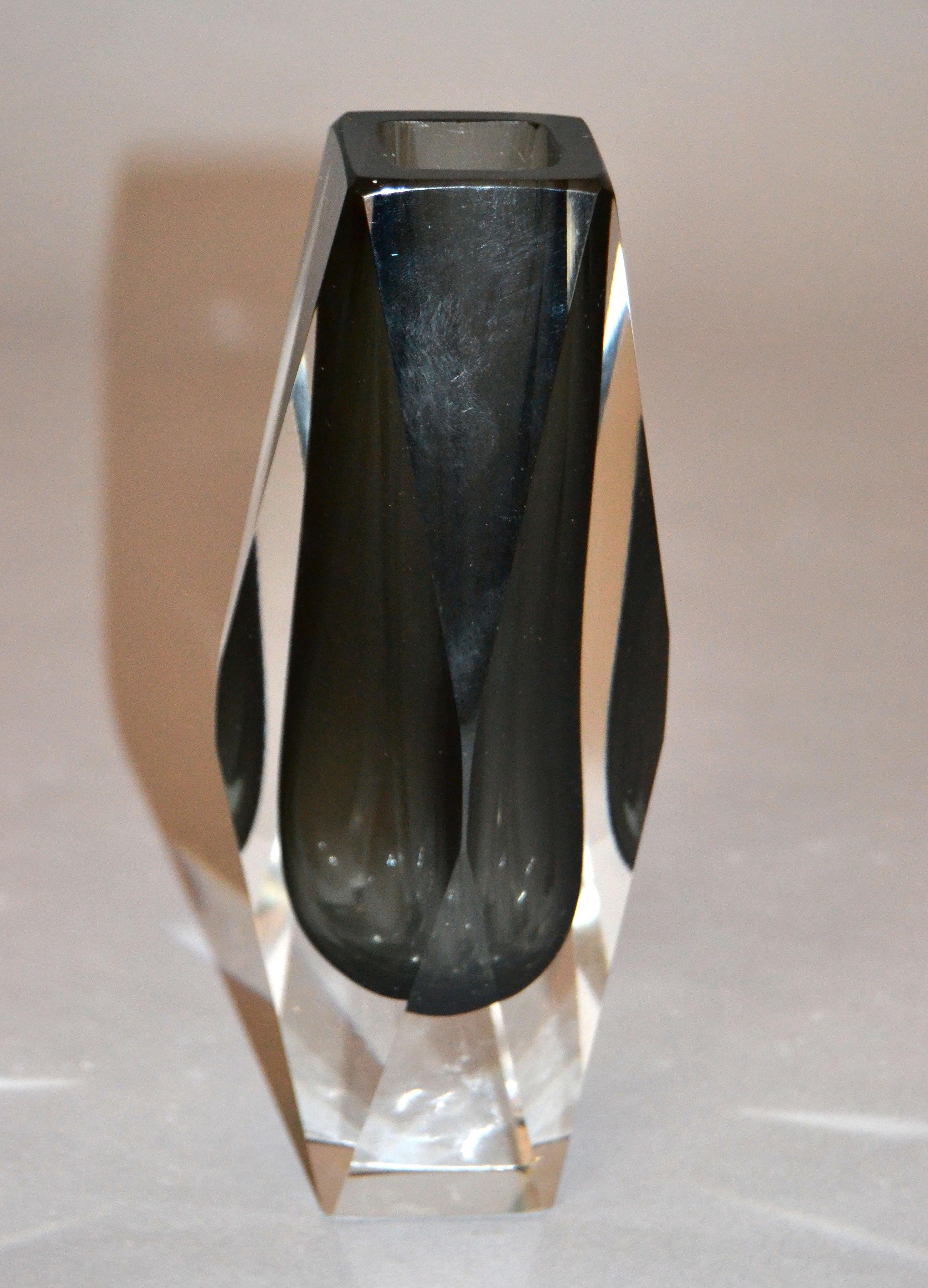 Mid-20th Century Sommerso Murano Glass Faceted Vase Smoked & Clear Glass Alessandro Mandruzzato