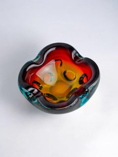 Sommerso orange blue trinket tray by Flavio Poli Seguso, Murano glass Italy 1970