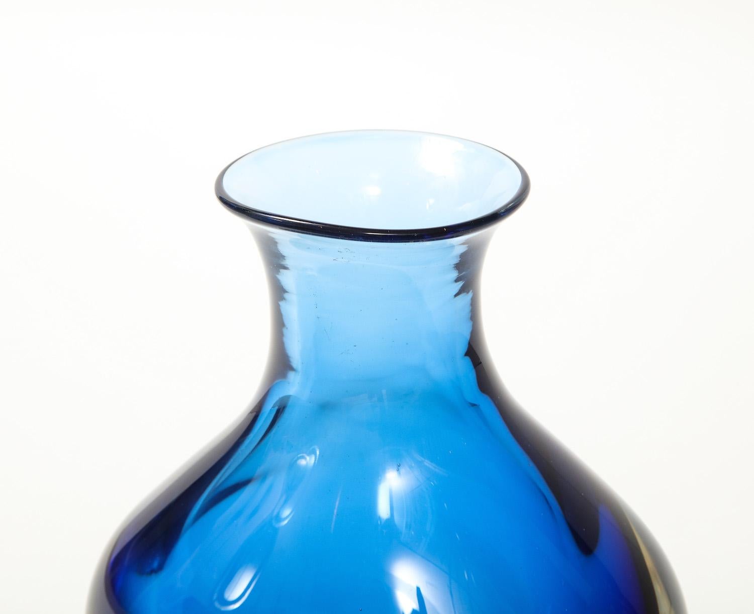Hand blown Murano glass vase with cobalt-blue and clear glass.