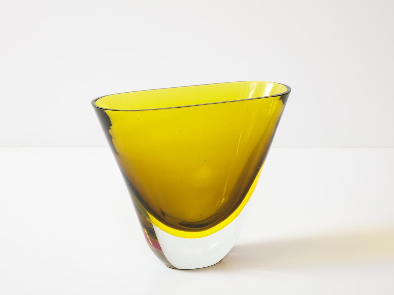 Hand blown Murano glass vase with yellow and clear glass.
