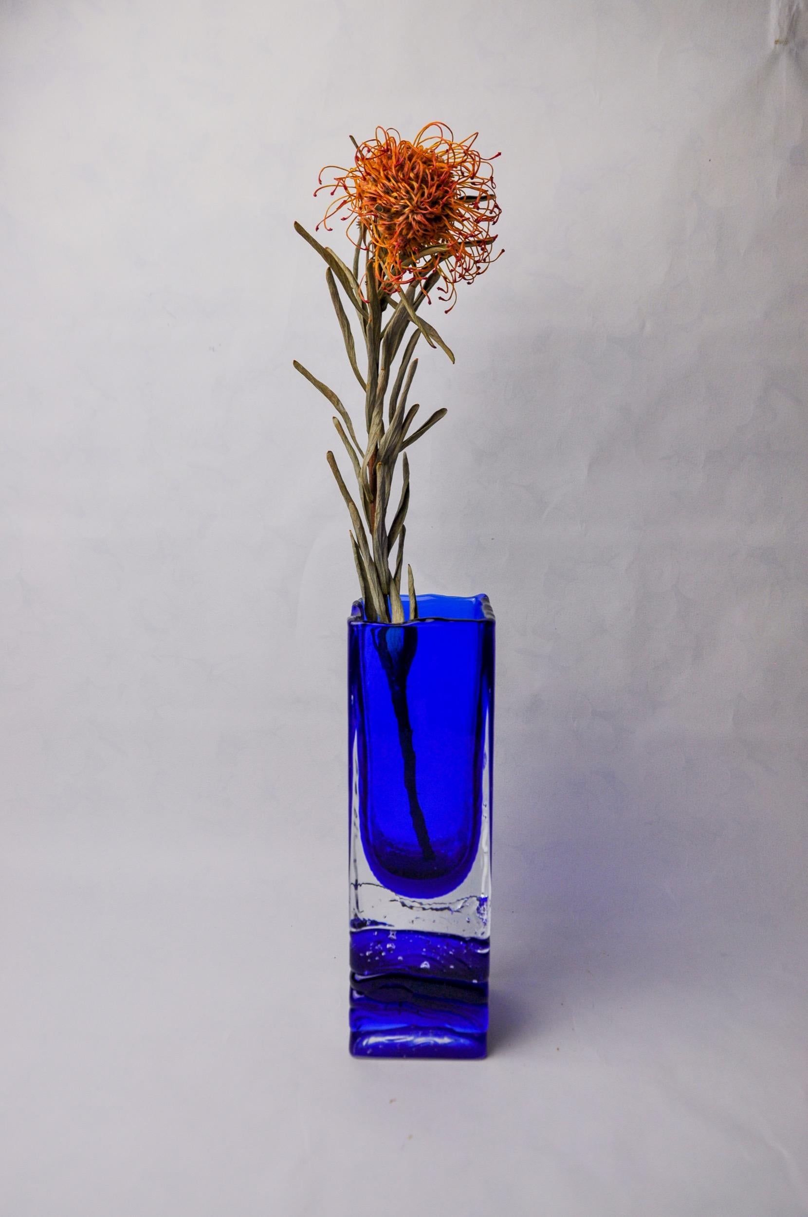 Superb Sommerso vase designed and produced by Petr Hora in the Czech Republic in the 1970s. Square blue glass vase handcrafted by the Czech artist using the 