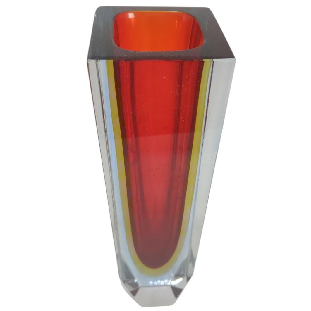 Italian Sommerso Vase Faceted Murano Glass in red and amber For Sale