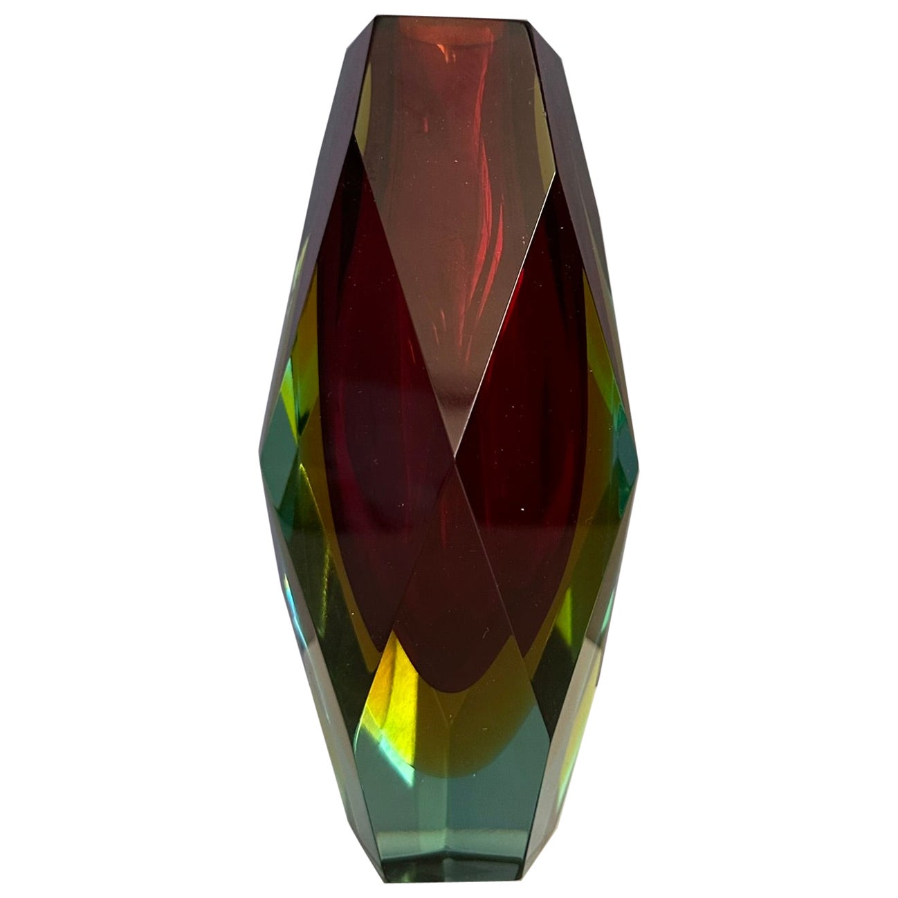 Sommerso vase in burgundy-yellow Murano glass, Italian manufacture, 
1960s