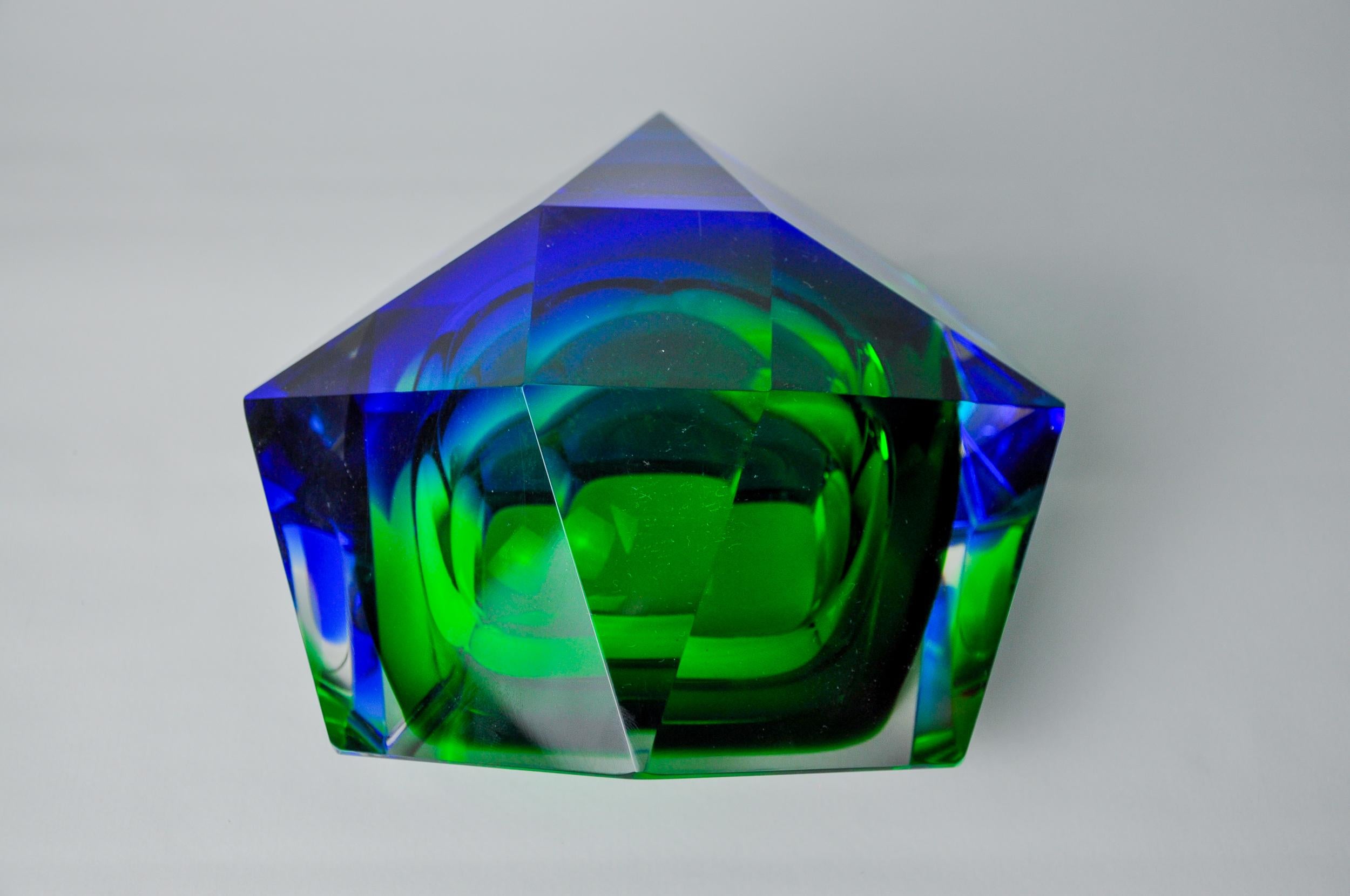 Sommerso XL ashtray by Flavio Poli for Seguso, green and blue Murano glass Italy 1