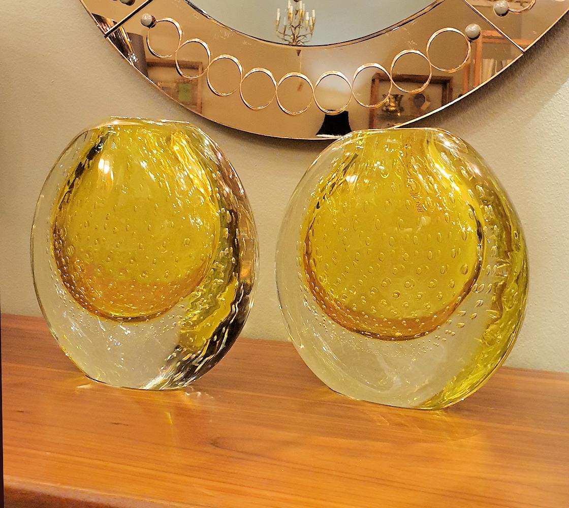 Mid-Century Modern Mid Century Mod Sommerso Yellow & Clear Murano Glass Pair Vases Seguso Italy 70s