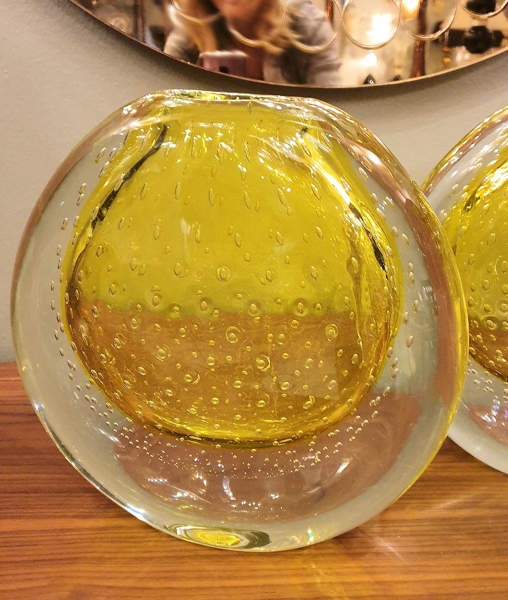 Italian Mid Century Mod Sommerso Yellow & Clear Murano Glass Pair Vases Seguso Italy 70s