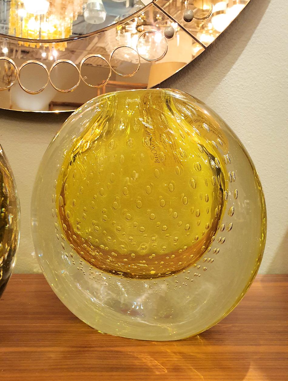 Hand-Crafted Mid Century Mod Sommerso Yellow & Clear Murano Glass Pair Vases Seguso Italy 70s