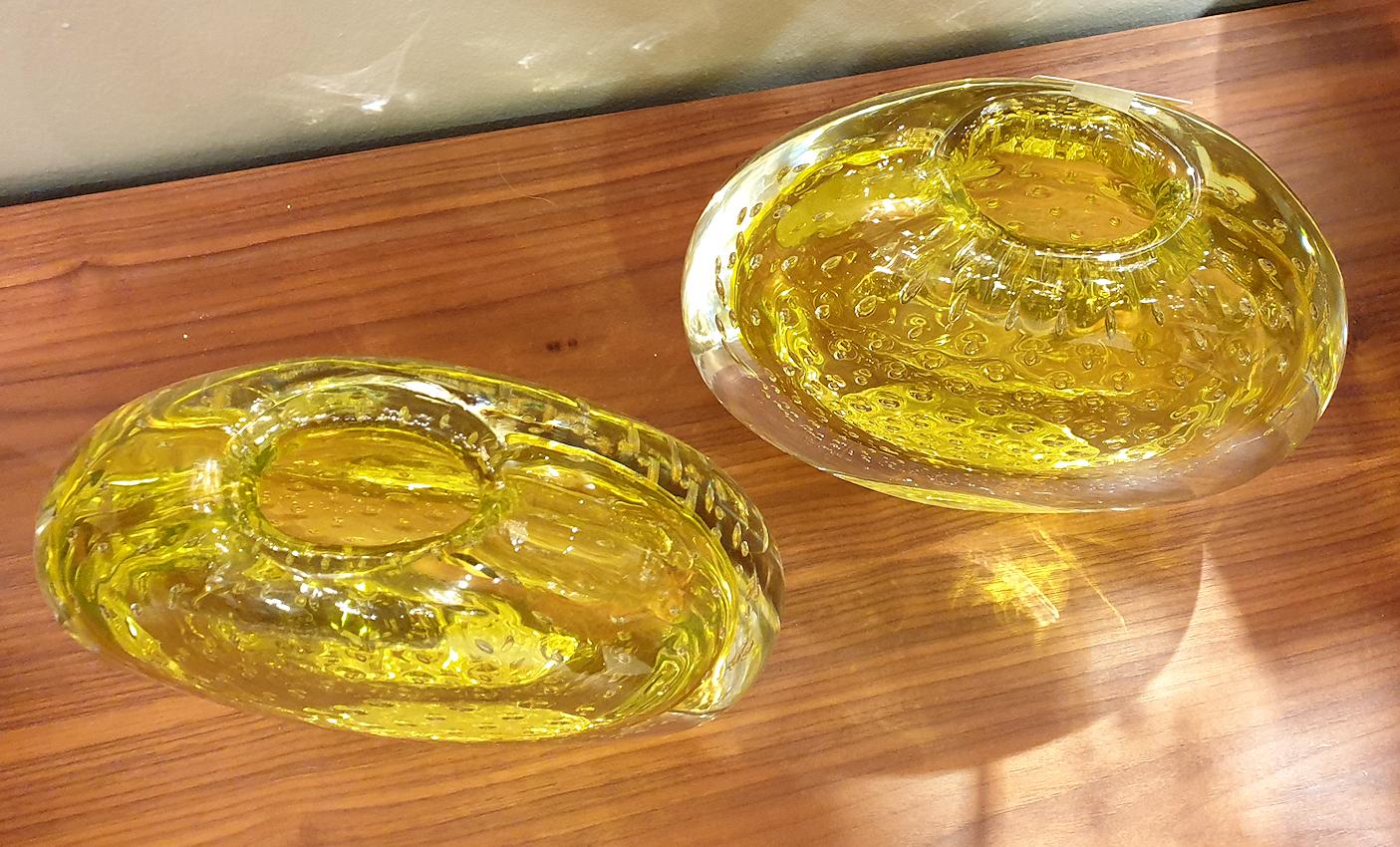 Late 20th Century Mid Century Mod Sommerso Yellow & Clear Murano Glass Pair Vases Seguso Italy 70s