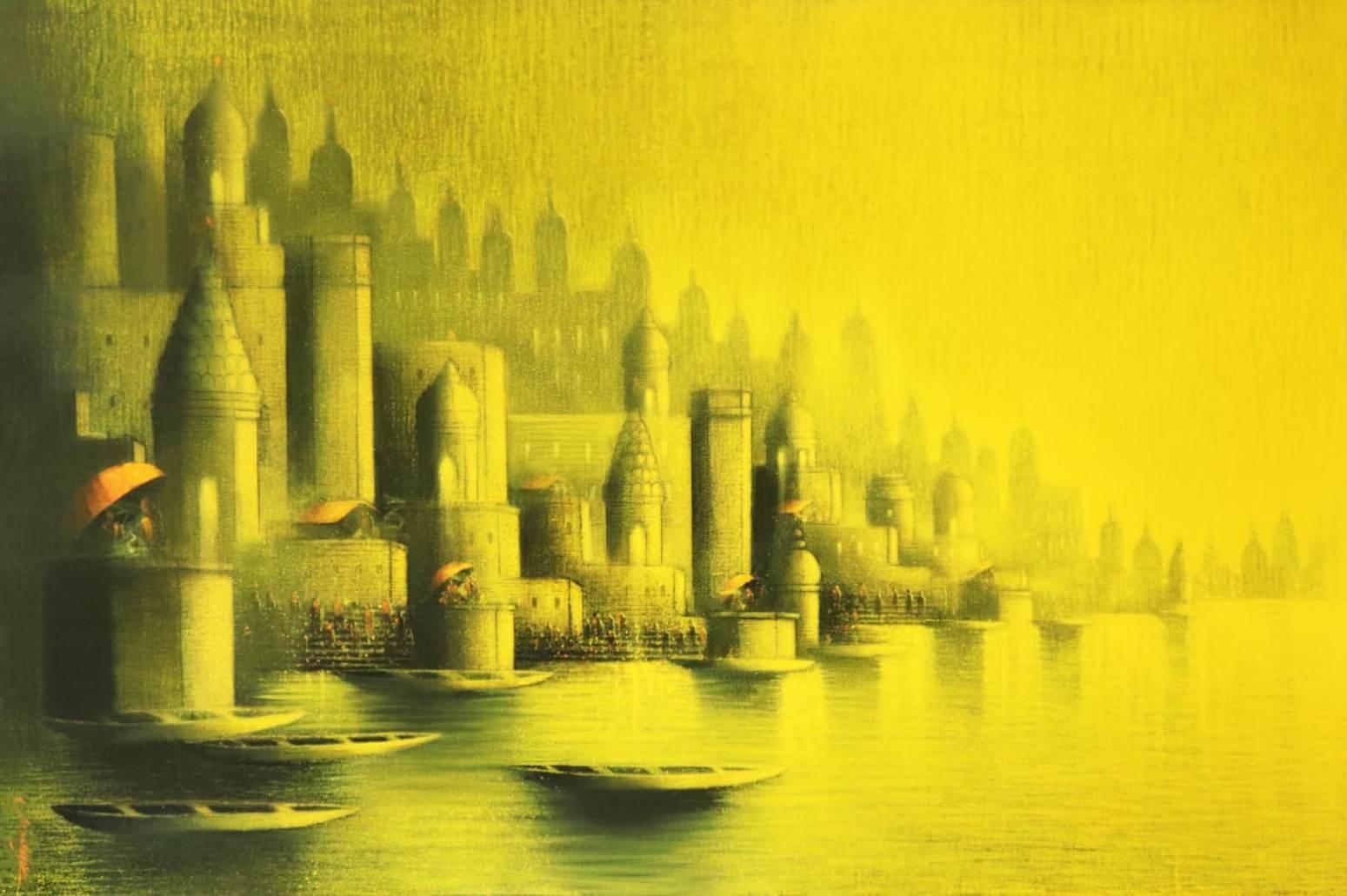 Holi Banaras, fusain, acrylique, toile de l'artiste indien contemporain « en stock »