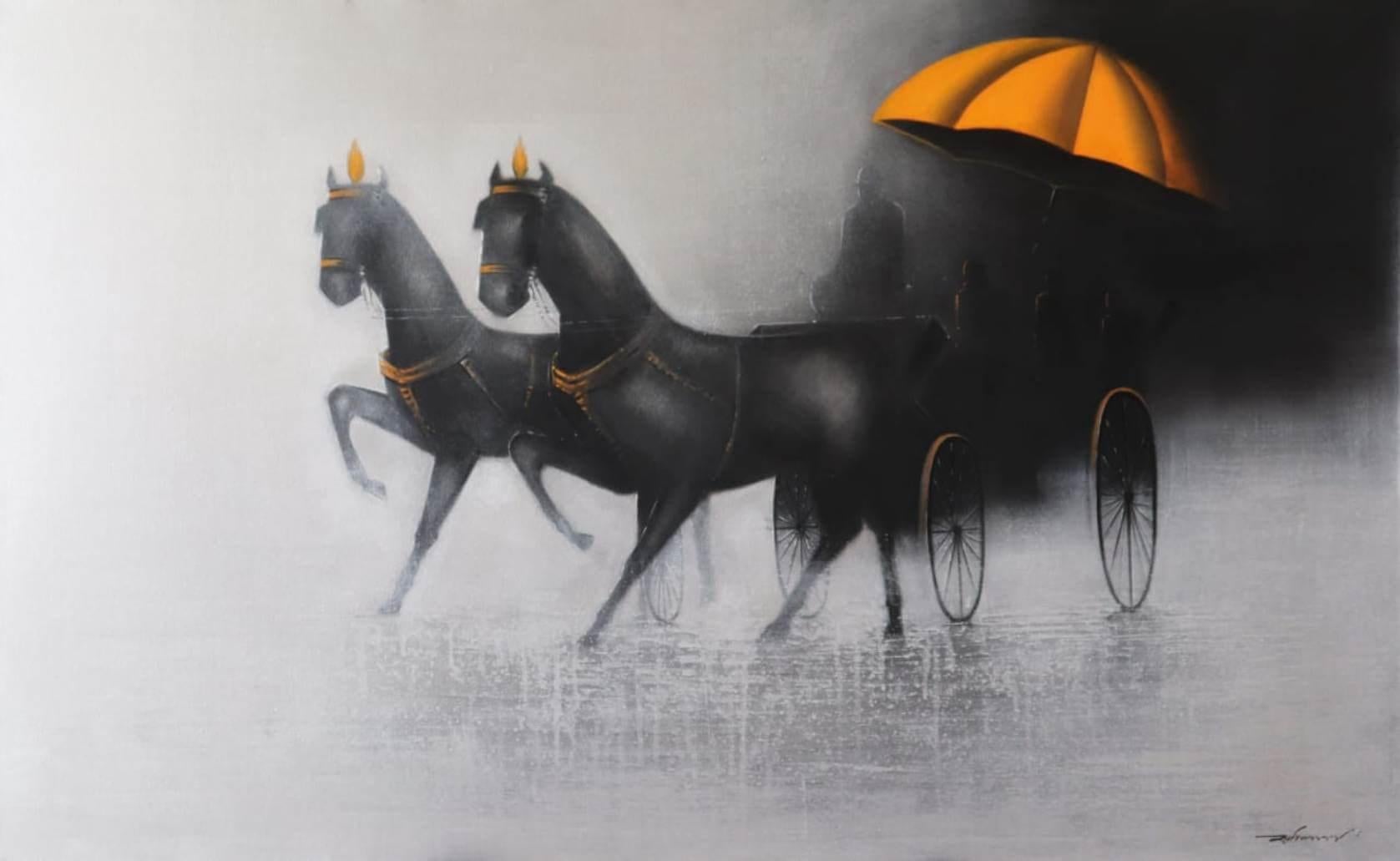 Rhythmic Monsoon Ride, Charcoal, Acrylic, Canvas by Contemporary Artist-In Stock - Mixed Media Art by Somnath Bothe