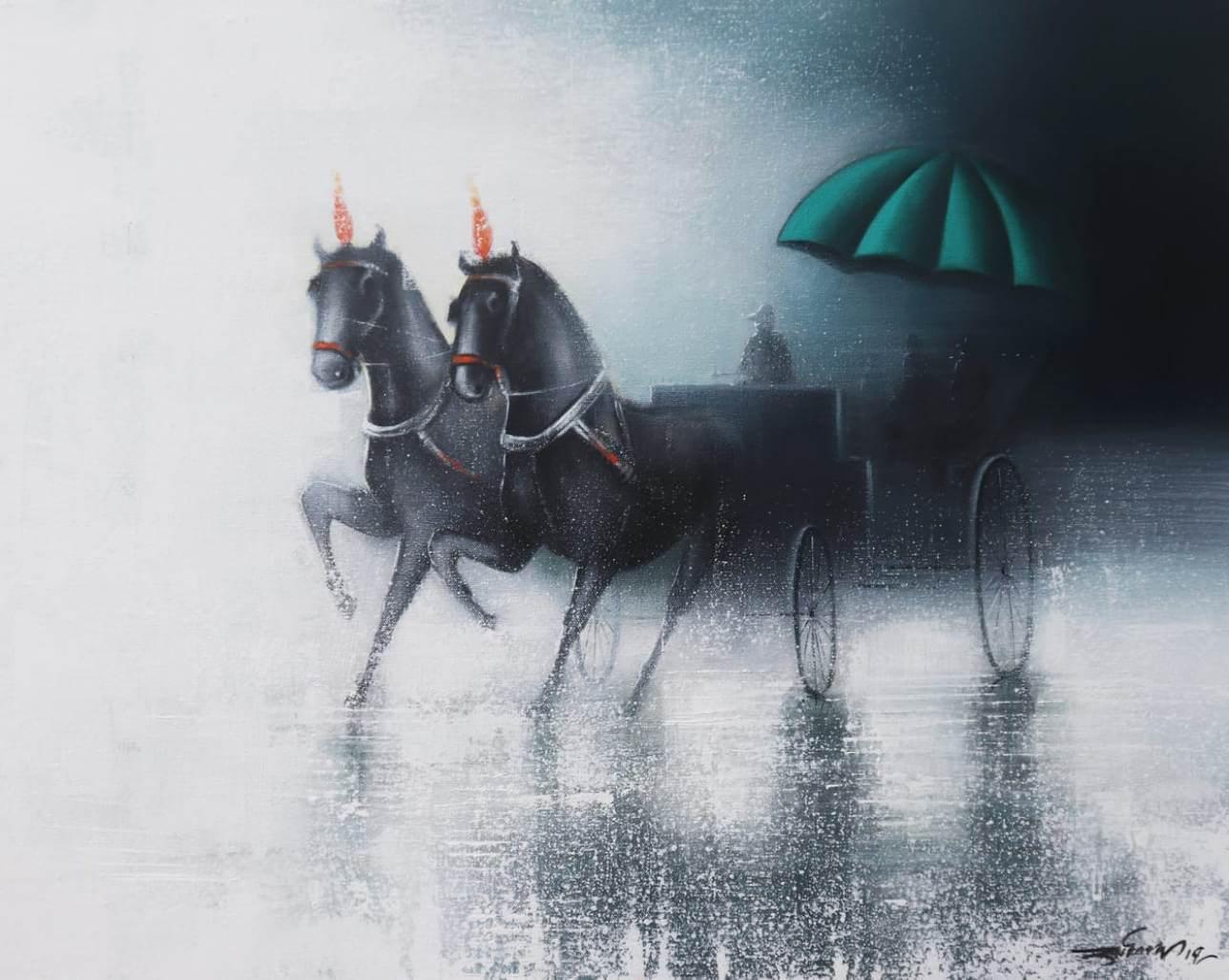 Somnath Bothe Figurative Painting - Rhythmic Monsoon Ride, Charcoal, Acrylic, Canvas by Contemporary Artist-In Stock