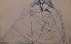 Musings, Pen-Ink Drawing, Blue by Eminent Modern Indian Artist "In Stock"