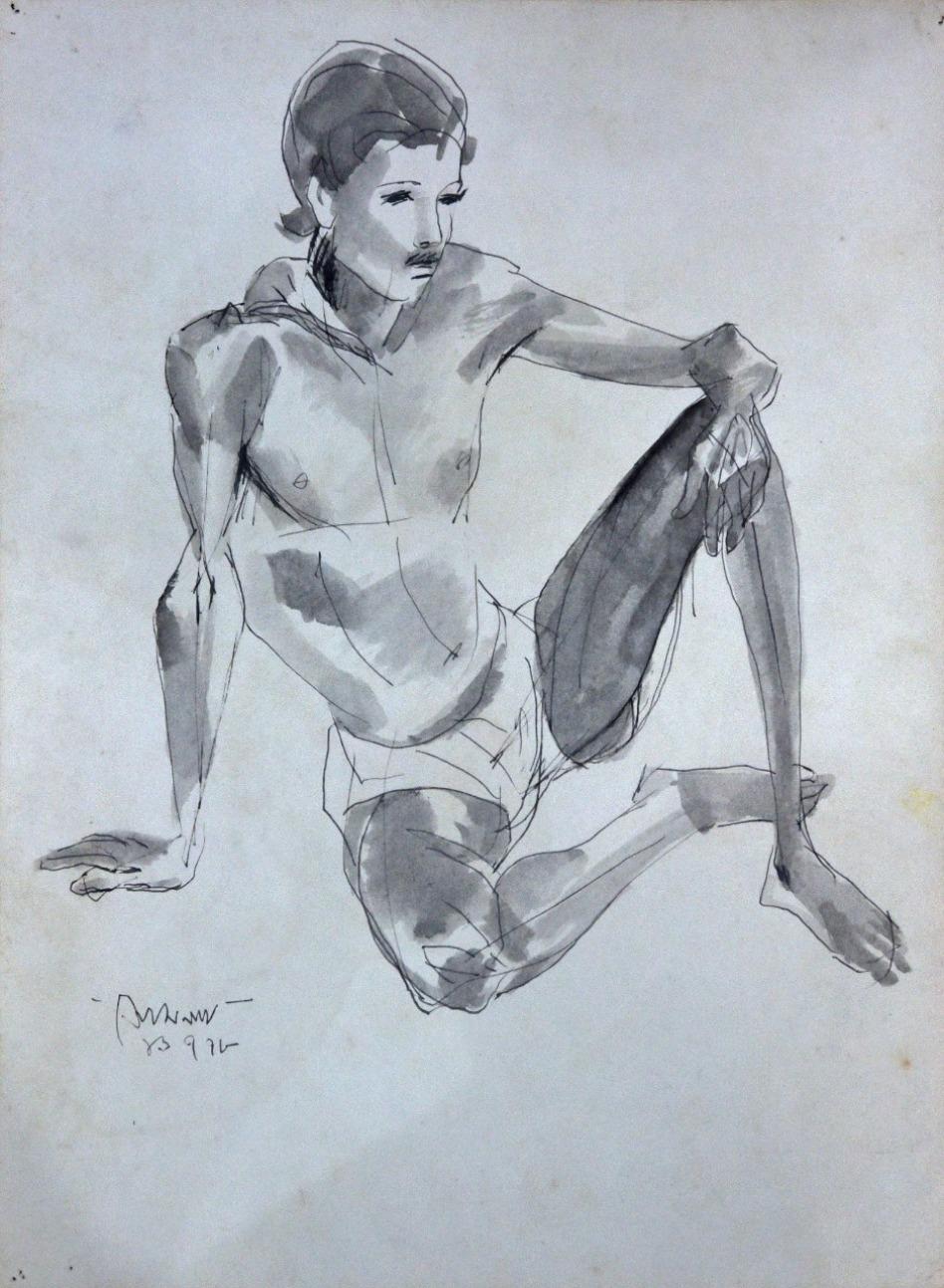 Seated Man. Figurative, Watercolour on Paper by Modern Indian Artist "In Stock"