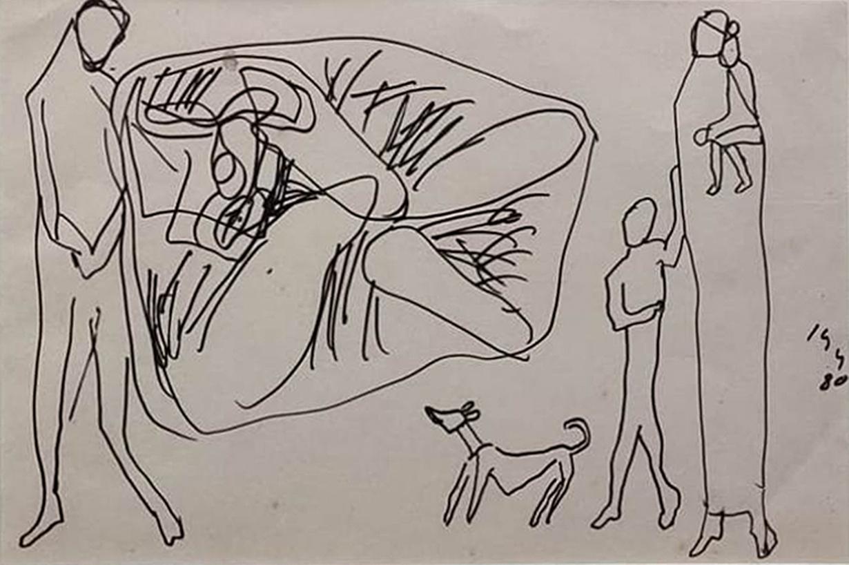 Sans titre, stylo et encre sur papier de l'artiste indienne moderne Somnath Hore « en stock »