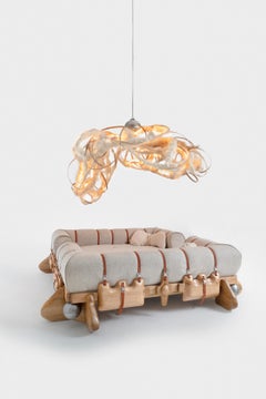 Somnia Banquet bed in carved oak with steel and leather details by Espace Aygo