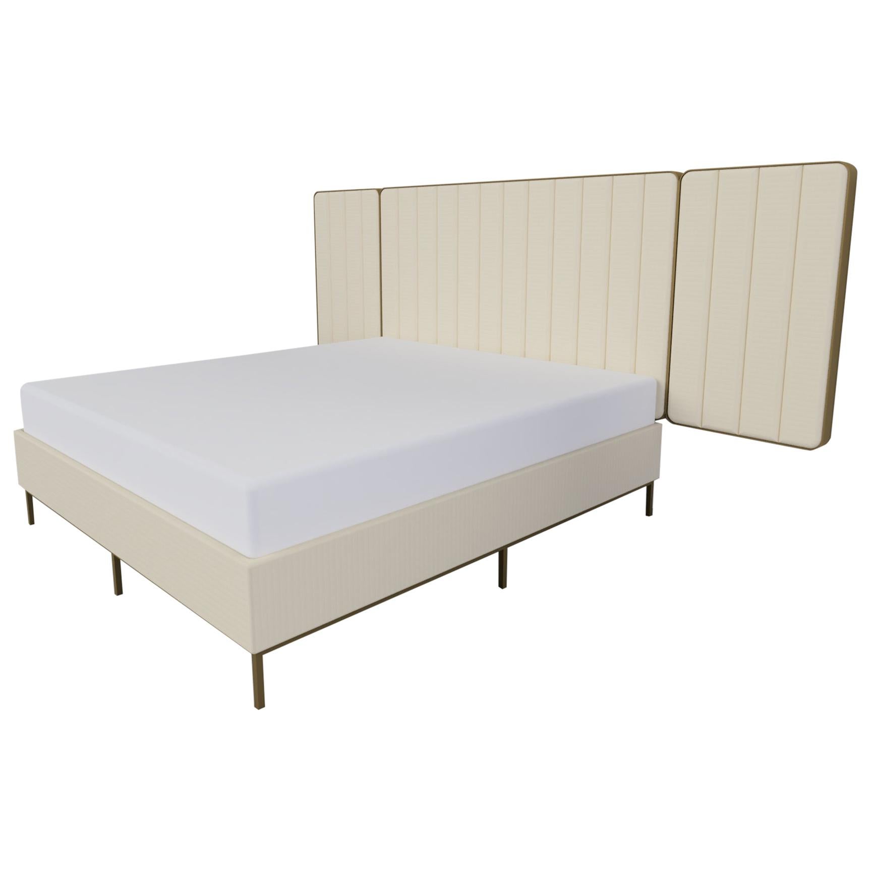 Somnus Bed & Headboard w Flute Detailing in Ivory Boucle & Antique Brass Plated
