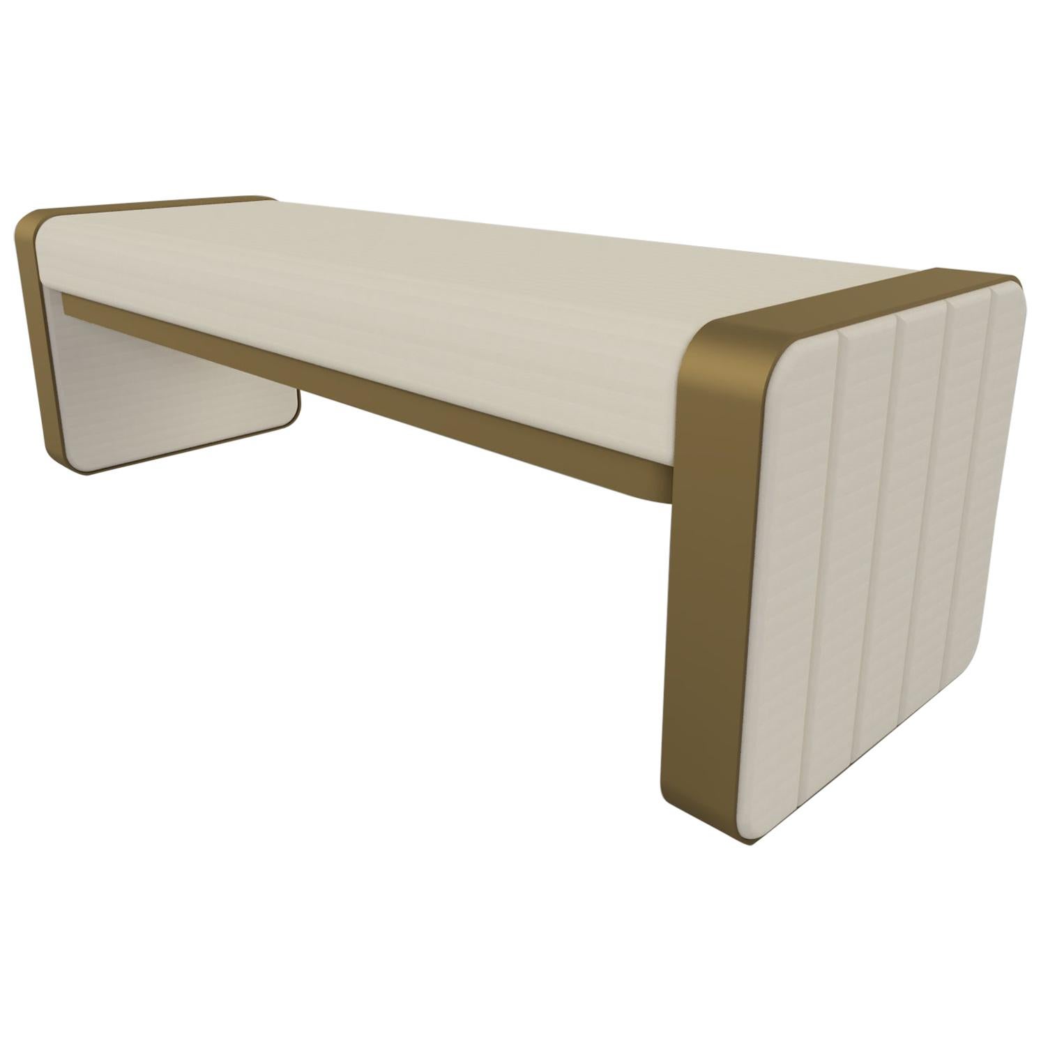 Somnus Bench with Flute Detailing in Ivory Boucle and Antique Brass Tint